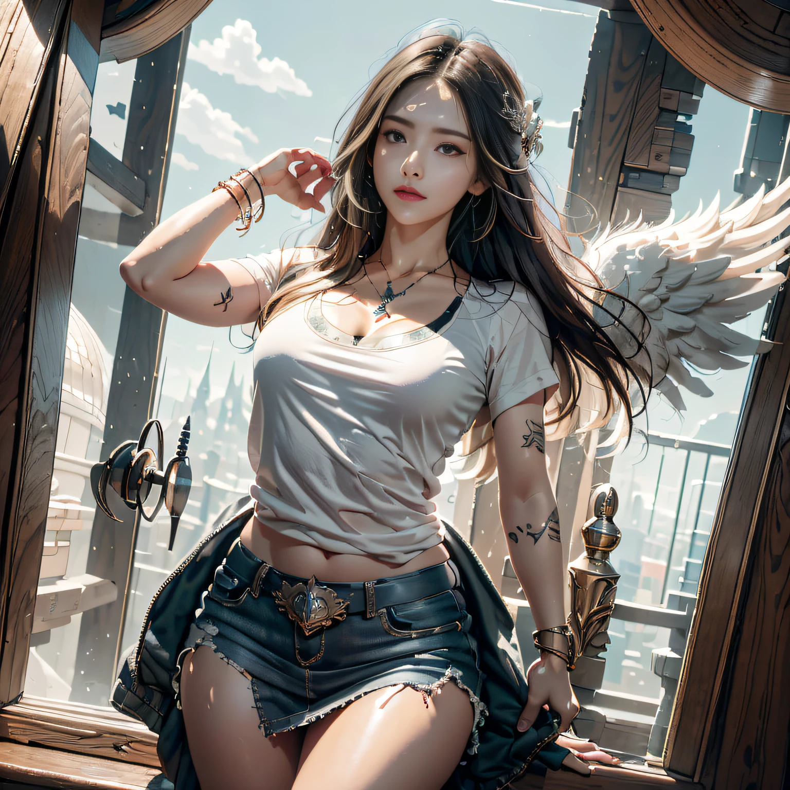 hyper HD, Anatomically correct, retinas, Super detail, Award-Awarded, Best quality, High details, Textured skin, Masterpiece, ccurate, High quality, A high resolution, 8K,1girl in, 独奏, offcial art, Unity 8k wallpaper, ultra - detailed, prettify、Aesthetic, tmasterpiece, top-quality, Photorealsitic, A female angel、It has 6 large glowing white wings on its back:2.0、Wings of a bird of prey、Blazing Angel、Silver armor:2.0、Glow-in-the-dark imprint,Glow-in-the-dark imprint,Silver gauntlet、Silver Solette、White fabric、Hair ornaments with small wings、Valkyrie、Very large wide sword、Glowing angel circle、angelic halo:2.0、Light magic、depth of fields, Fantastic atmosphere, calm color palette, Soft Shading、You can see the forest in the distance、See remote mountain castles、ellegance、Full body like、busty figure、Large full breasts、wide waist、Floating in the air:2.0、Flying in the sky:2.0、Fry high in the air、Sky on the steppe、You can see the castle on the hill in the distance