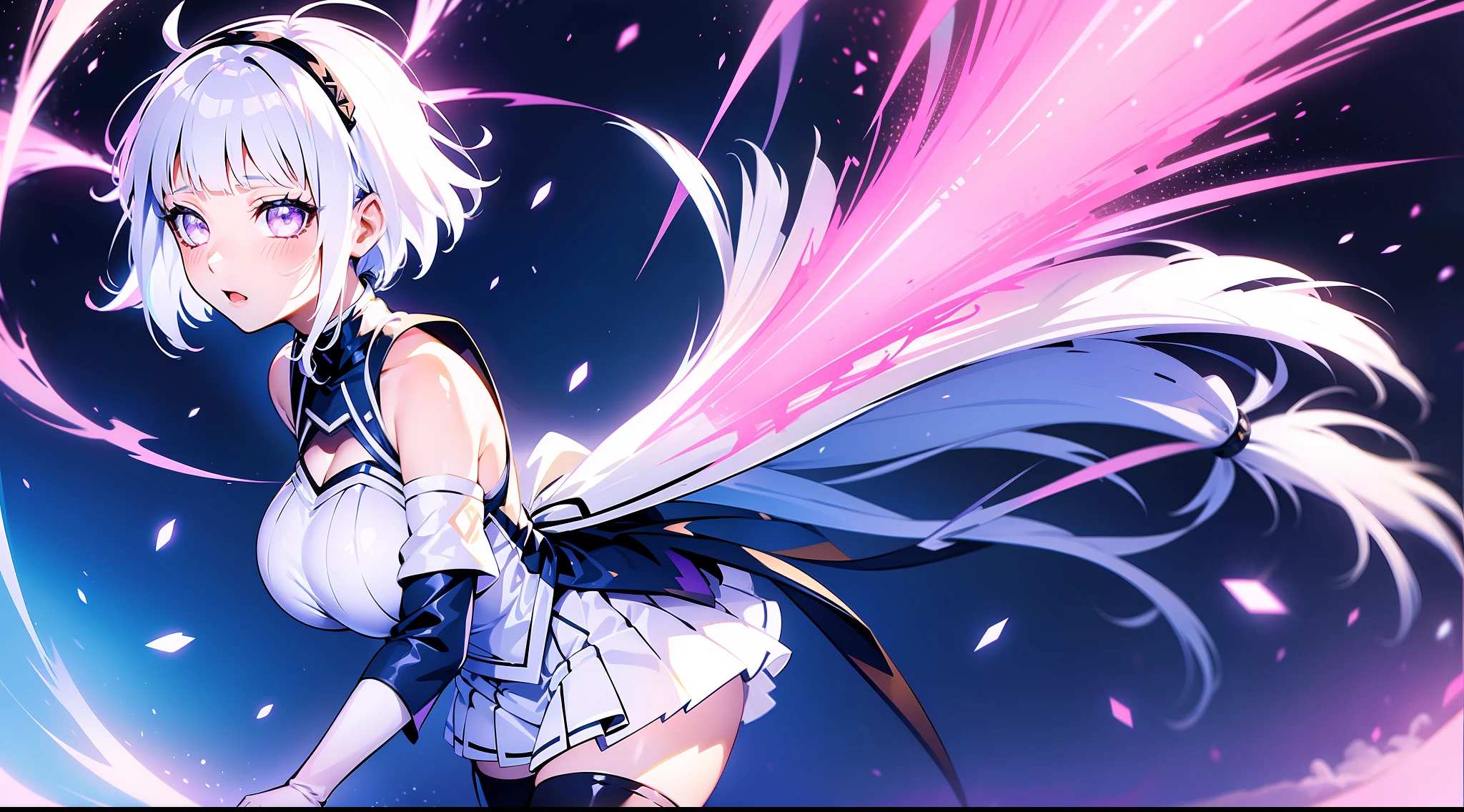 White hair，Hinata Hinata，Wearing a white maid outfit，Bigboobs，Black stockings，are standing，Skysky，Light particles