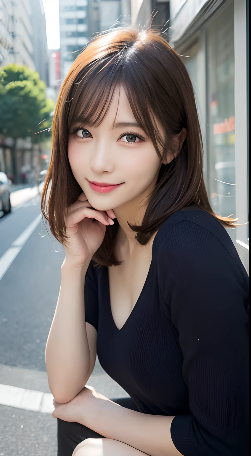 masutepiece, Best Quality, Illustration, Ultra-detailed, finely detail, hight resolution, 8K Wallpaper, Perfect dynamic composition, Beautiful detailed eyes, doress,Medium Hair, mid-chest, Natural Color Lip, Random and sexy poses,Smile,Aoyama Street Walk