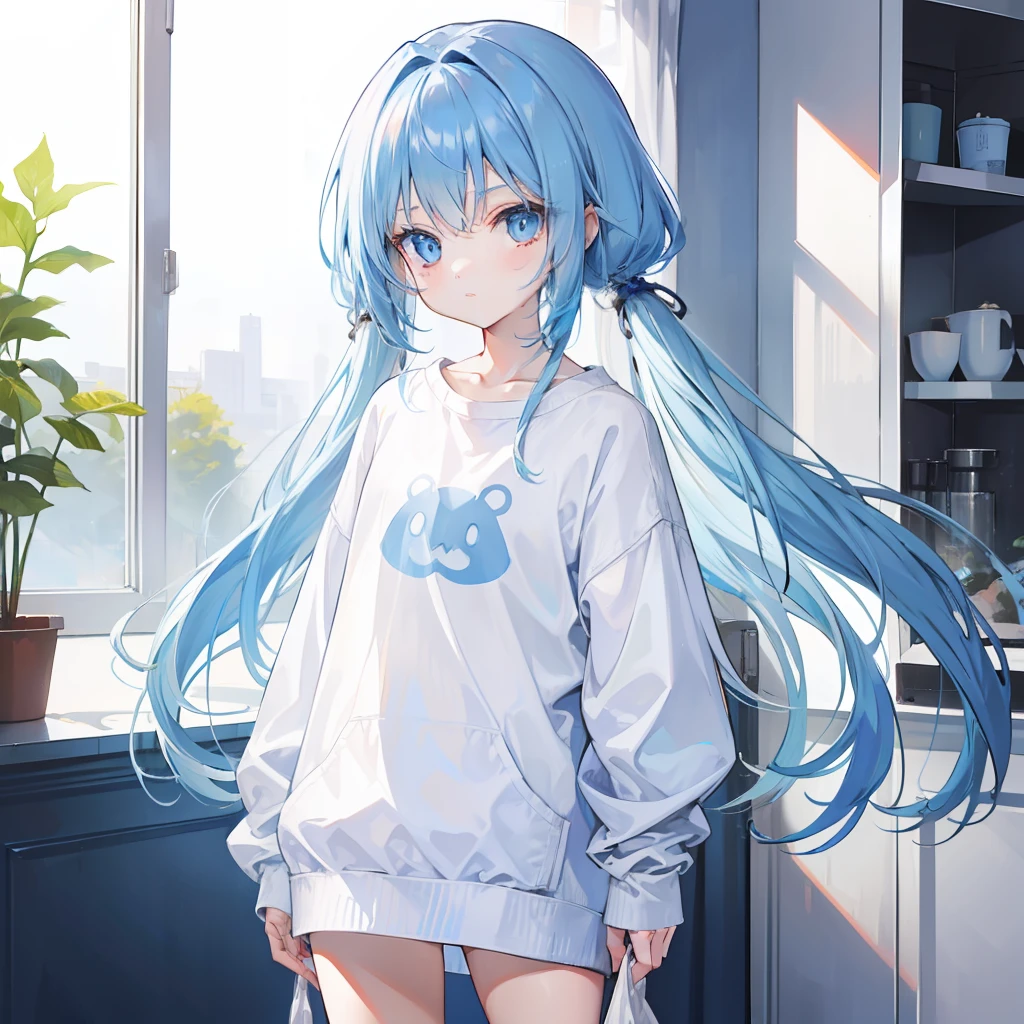 Long fleshy blue hair,Loose and simple white sweatshirt with light blue,It looks small and cute,It's a small girl