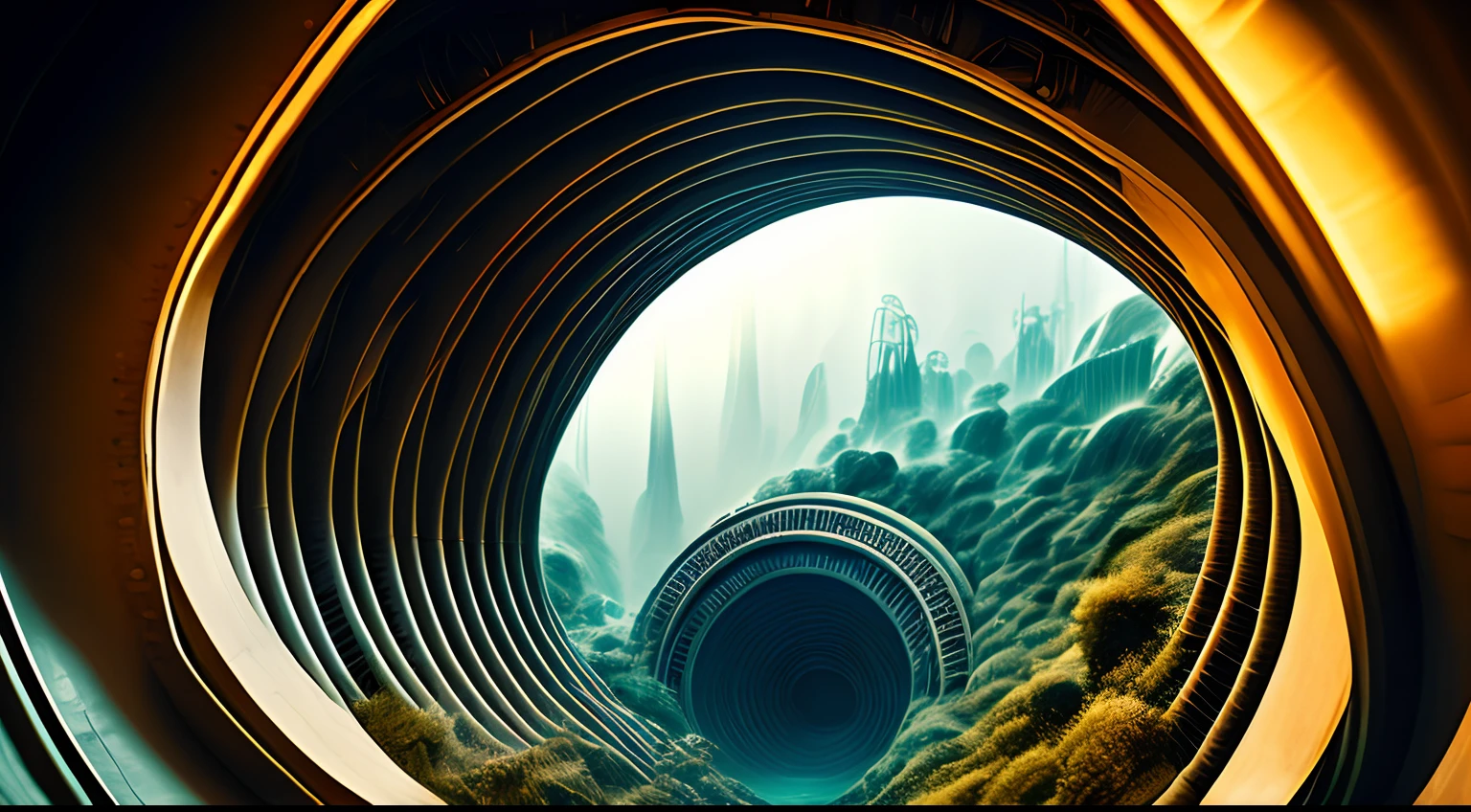 alien worlds，Inside the machine spiral tunnel，Spinal structure，The line is circling，There is no end，fog atmosphere，Super rich detail，Extreme realism，Decadence landscape，decrepit，Old photos，Retro，Blurred edges