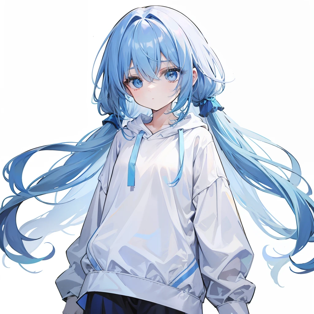 Long fleshy blue hair,Loose and simple white sweatshirt with light blue,It looks small and cute,It's a small girl