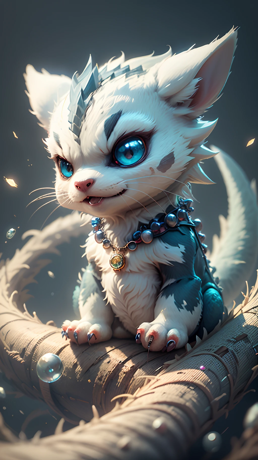 Cute little white dragon，Eyes of different colors，Wearing a necklace，Exaggerated expressions，Lovely and fluffy，Logo design，cartoony，Pokémon，Blue sky，movie light effect，big breasts enchanting，3D矢量艺术，Cute quirky，Fantasy art，Background bokeh，handpainted，digitial painting，gentlesoftlighting，Isometric style，4K 分辨率，photoreal render，Highly detailed and clean，Vector Image，Photorealistic masterpiece，professional photoshooting，simple space background，flat white background，isometry，