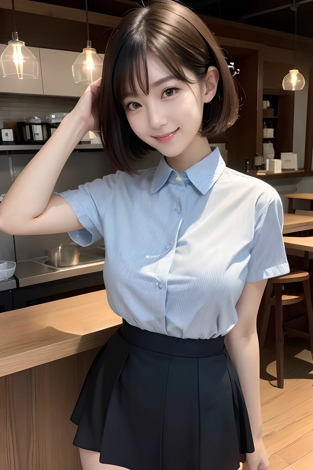 ulzang-6500-v1.1,(Masterpiece, BestQuality:1.3), (ultra detailed 8k:1.2), (hyperrealistic:1.35),(RAW photo:1.2),High detail RAW color photo, professional photograph, (Photorealistic:1.45), (realistic:1.4),1 beautiful young girl,(japanese:1.3),18yo,very cute, beautiful face,(large breasts:1.2),natural make,(Cafe waitress:1.4),( orange mini skirt:1.3), (white shirt:1.3), orange apron, ribon,smiling,Gesture to guide to aseat
BREAK,
hyperrealism, (photorealistic detail):1.2, incredible accuracy, lifelike textures, masterful technique, jaw-dropping precision, artistic dedication