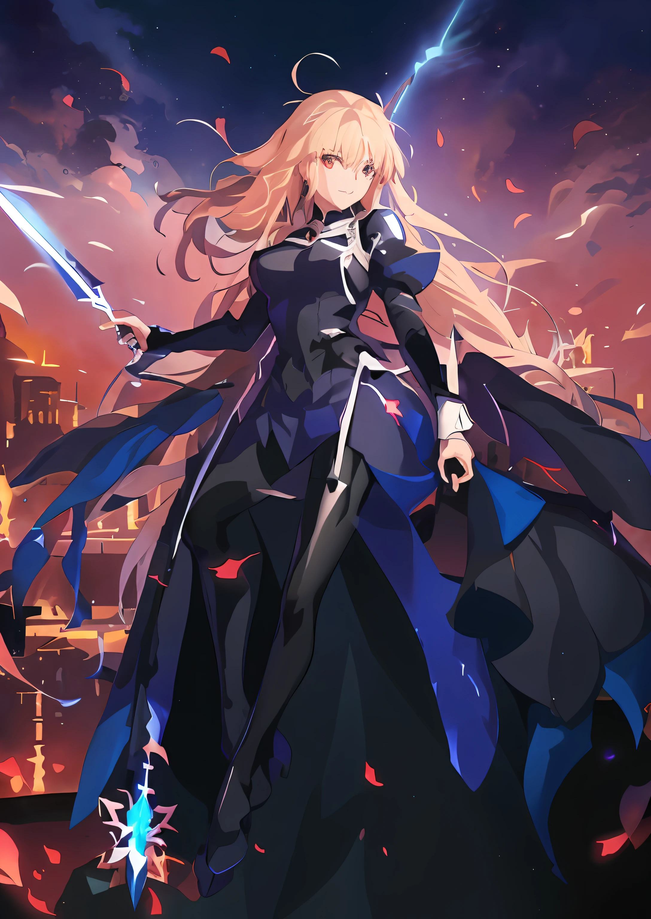 anime girl in a blue dress with a sword in her hand, anime style like fate/Stay Night, Gentle expression、anime goddess, Fate Grand Order, Smiled look、Soft look、made with anime painter studio, epic light novel art cover, ufotable art style, cushart krenz key art feminine, from the azur lane videogame, azur lane style, epic light novel cover art、Full body shot+shoe+Sitting、
