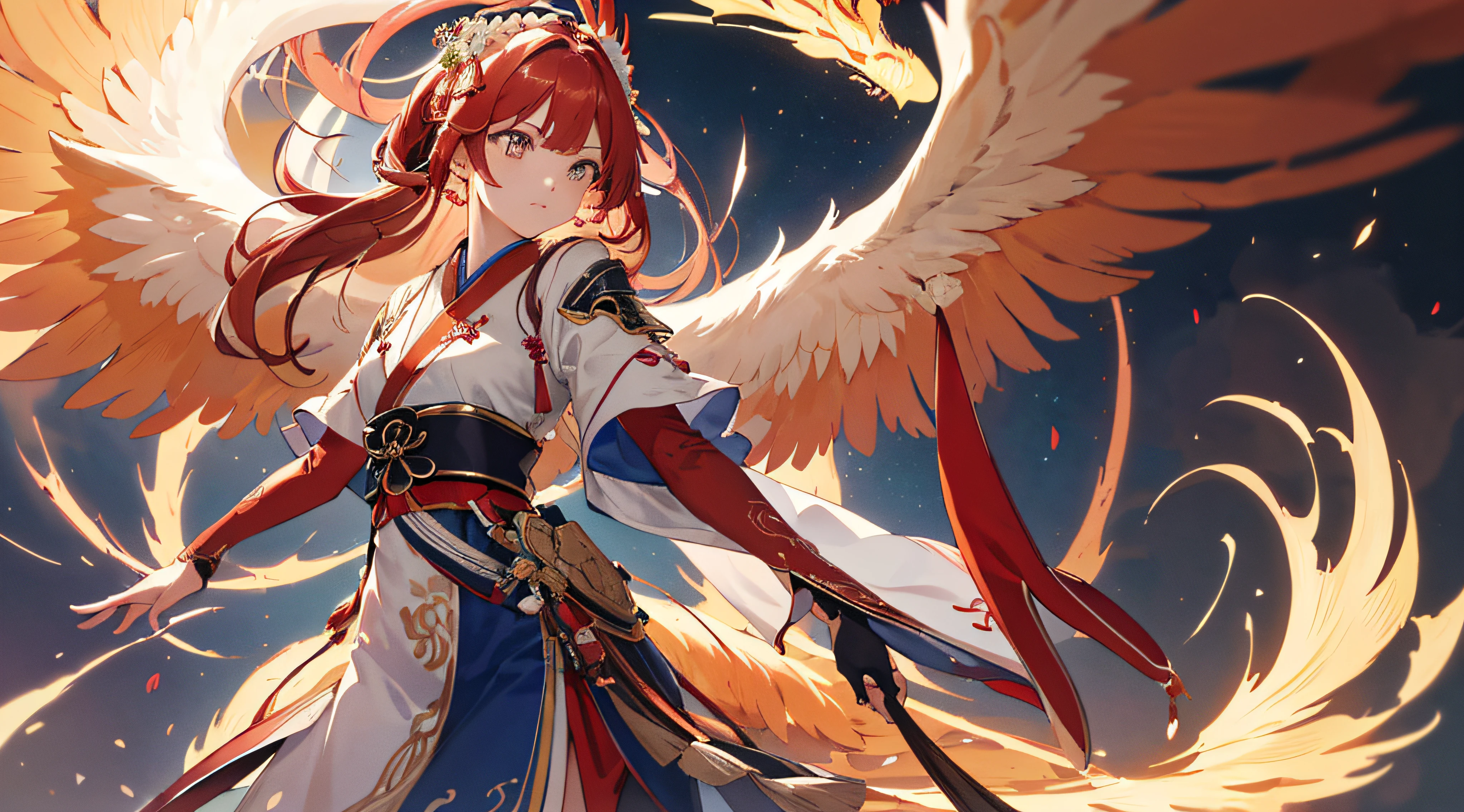 (((Masterpiece))),(((best qualtiy))),((Ultra-detailed)),(illustration),((anextremelydelicateandbeautiful)),dynamic angle,Two-dimensional girl，Cool and beautiful，the phoenix spreads its wings，Hanfu armor，combat state，Weapon in hand，Long hair flying，Peugeot facial features，k hd，The tail dragged out long fireworks，
