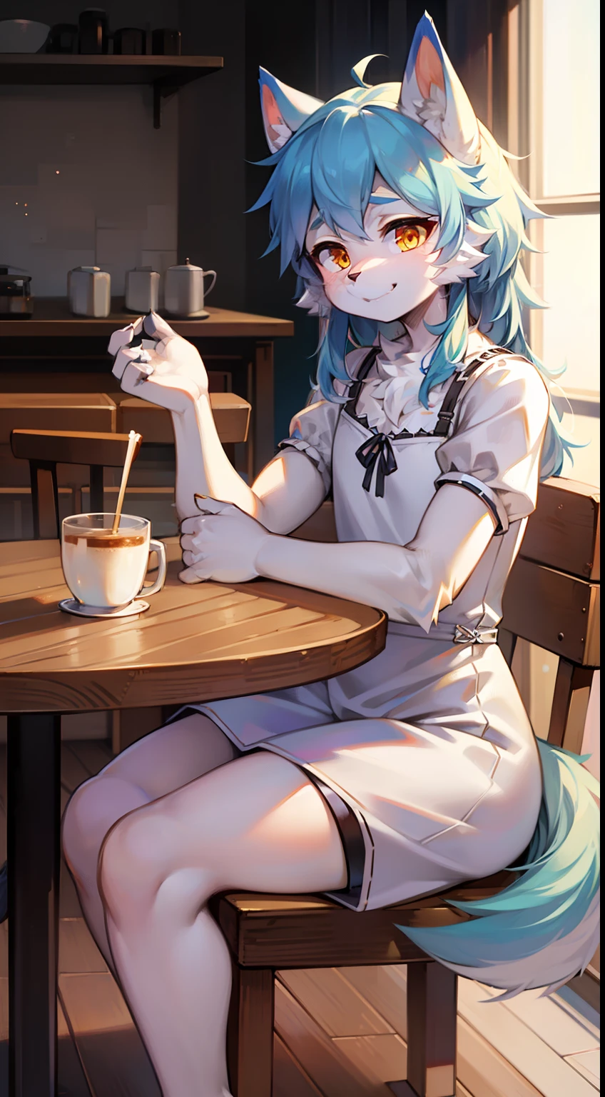 Cafe，full bodyesbian, Young Wolf, 人物, tmasterpiece，White dress, Furry tail, Highest image quality, 8K, Full HD background，Cartoony，adolable，male people，a plush，Furry，White fur，White body，Light blue ears，Orange-yellow eyes，thick eyebrow，Light smile，solo person, Little Wolf Tail, Wolf ears, ((full-body portraits)), Soft lines，Soft lines of clothing，drinking a coffee，Wooden table and chairs，Retro café