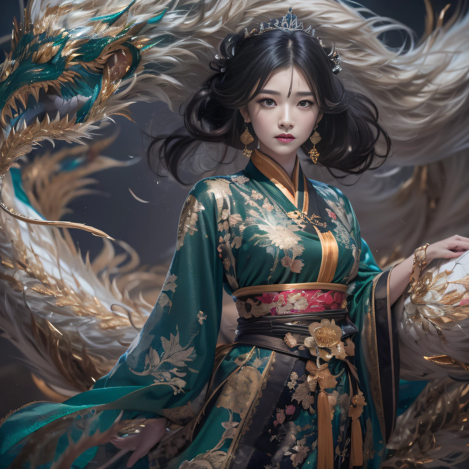 32K（tmasterpiece，k hd，hyper HD，32K）Long flowing black hair，Gold jewelry area in the back room，Smoke ring girl ，Black Gold Dragon Protector （realisticlying：1.4），Python pattern robe，Purple-pink tiara，Snowflakes fluttering，The background is pure，Hold your head high，Be proud，The nostrils look at people， A high resolution， the detail， RAW photogr， Sharp Re， Nikon D850 Film Stock Photo by Jefferies Lee 4 Kodak Portra 400 Camera F1.6 shots, Rich colors, ultra-realistic vivid textures, Dramatic lighting, Unreal Engine Art Station Trend, cinestir 800，Hold your head high，Be proud，The nostrils look at people，32K（tmasterpiece，k hd，hyper HD，32K）Long flowing black hair，Backroom pond，zydink， a color， Asian people （A unicorn）， （Silk scarf）， Combat posture， looking at viewert， long whitr hair， Floating hair， Hanfu， Chinese clothes， longer sleeves， （abstract ink splash：1.2）， white backgrounid，Kirin Beast Protector （realisticlying：1.4）， （realisticlying：1.4），，The nostrils look at people， A high resolution， the detail， RAW photogr， Sharp Re，