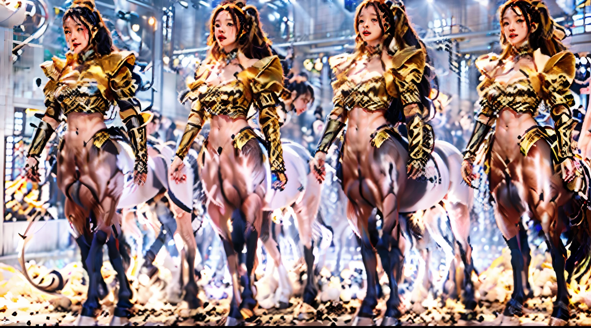 In this beautiful illustration,Eight unique female centaur characters are shown,They all have their own characteristics,Vivid and interesting。Radiant angelic centaurs from the heavenly realm,To the hellish centaurs surrounded by nightmarish flames,And then to the Wind Immortal Centaur dancing in the air,Unicorn centaur surrounded by lightning,Mechanical centaur in mechanical style,Dragon centaurs,Elf centaurs,Tiflin centaurs,Each character has their own unique charms and abilities。The illustration uses advanced artistic techniques and tools,Divide the scene into sections by geometric arrangement,Each section corresponds to a centaur character,This makes more efficient use of space。Through Midjourney's advanced brush tools、Color palette、Material packs and model packs,Exquisite costumes and equipment are designed for each centaur,Enhances the character's personality and visual appeal。The scenery in the illustrations is stunning,There are changing skies、rainbowing、extreme light、Stars and Moon。Incorporating iconic landmarks such as Mount Everest,and fireworks、tranquil lake、Natural and urban elements of waves and neon lights,Creates a magical atmosphere。The centaurs showed off their skills and equipment in a variety of environments,This is true even in extreme alien landscapes。Midjourney's tools make depicting details vivid and realistic,From intricate hairstyles and clothing to authentic textures,Enhances the realism of the characters and surroundings。The fusion of multiple art styles adds movement to the centaur's movement at all angles,The overall visual experience is further enriched。The final illustration was described as a "masterpiece",It has the characteristics of "best quality" and "realistic",The details put into the creative process are shown、Level of creativity and craftsmanship。Ultra-grand scenes,super wide shot, hdr,(真实感,Masterpiece quality,best qualtiy)