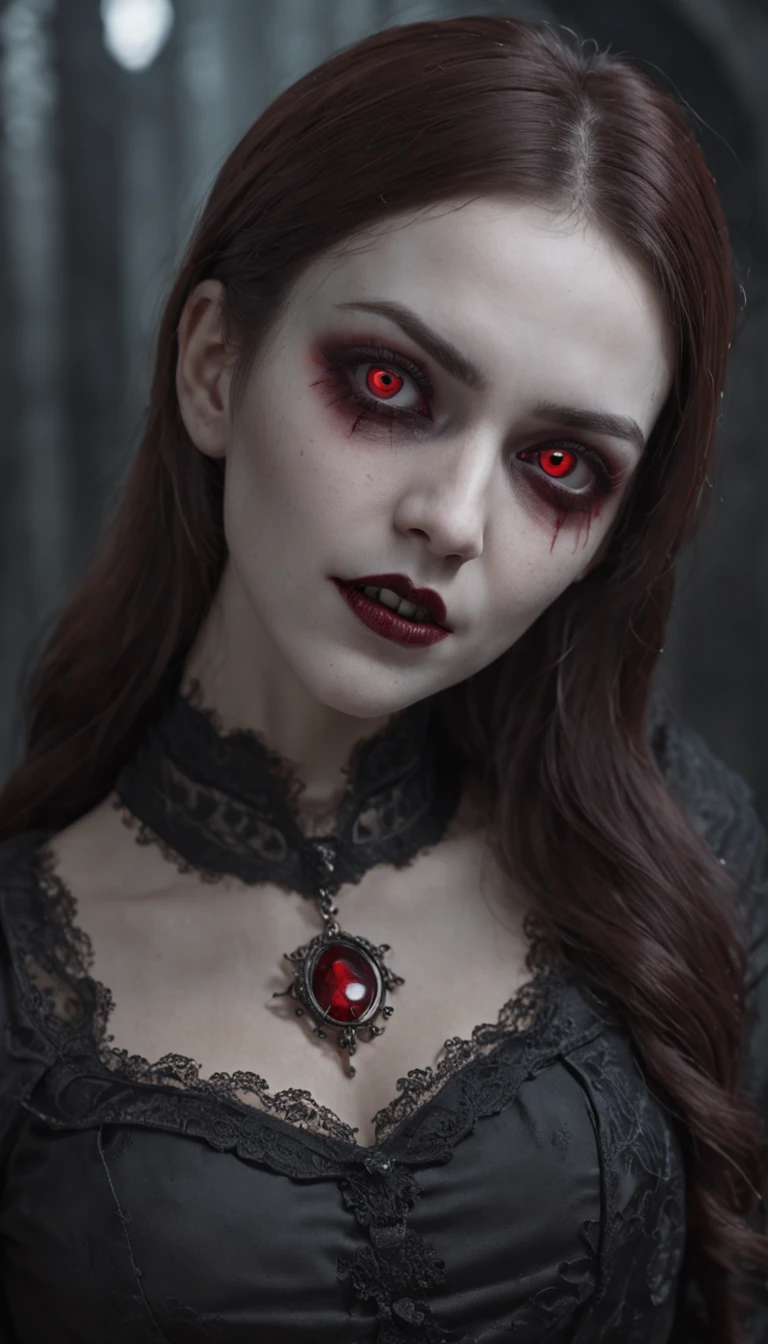 Masterpiece, highest quality, 8K HD, 1 vampire girl, Scary atmosphere, Gothic, open mouth, vampire teeth, Red eyes
，(masterpiece award winning , best quality:1. 2) , Christian Zombie Vampire, detailed face , grey eyes, cinematic , gloomy illumination, horror aesthetic, highly detailed environment, 16k, UHD, HDR, (Masterpiece:1. 5), (best quality:1. 5)