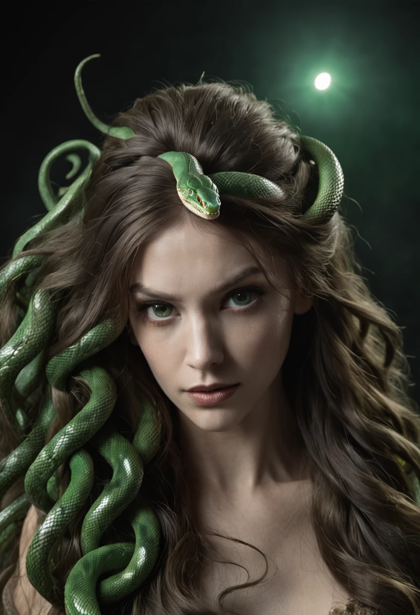 1 woman, long hair, (20yo), beautiful detailed eyes, snake hair, slithering snakes, green snakes, hissing, venomous, detailed scales, horror, startled expression, dark background, moonlight, eerie atmosphere, (cinematic composition:1.2), fantasy, surreal, chilling, fear, hair snakes weaving together, Medusa, Gorgon, danger.