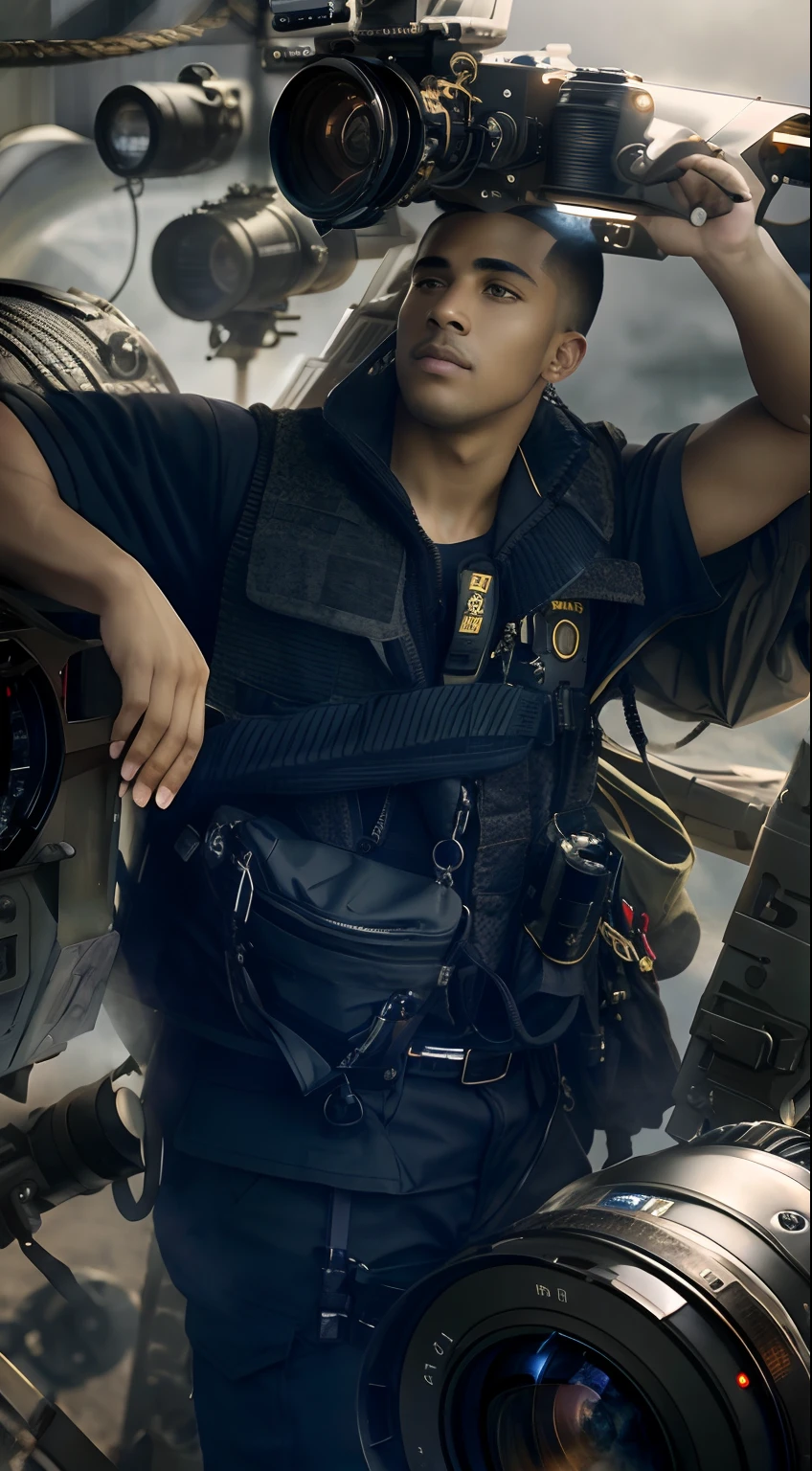 Top down: 1.2), sharp focus, volumetric fog, 8k UHD, arri camcorder, high quality, (film grain: 1.4), there is a man standing in front of the camera, photo of a man tech suit, tech suit and armor wear, sci fi military armor, futuristic tech suit, space tech suit, cyberpunk tech suit, black dieselpunk male cop , future soldier boy portrait, futuristic tech outfit, movie costume photo, cyborg fashion photo, standard scale, full body, more arri cameras, detailed face