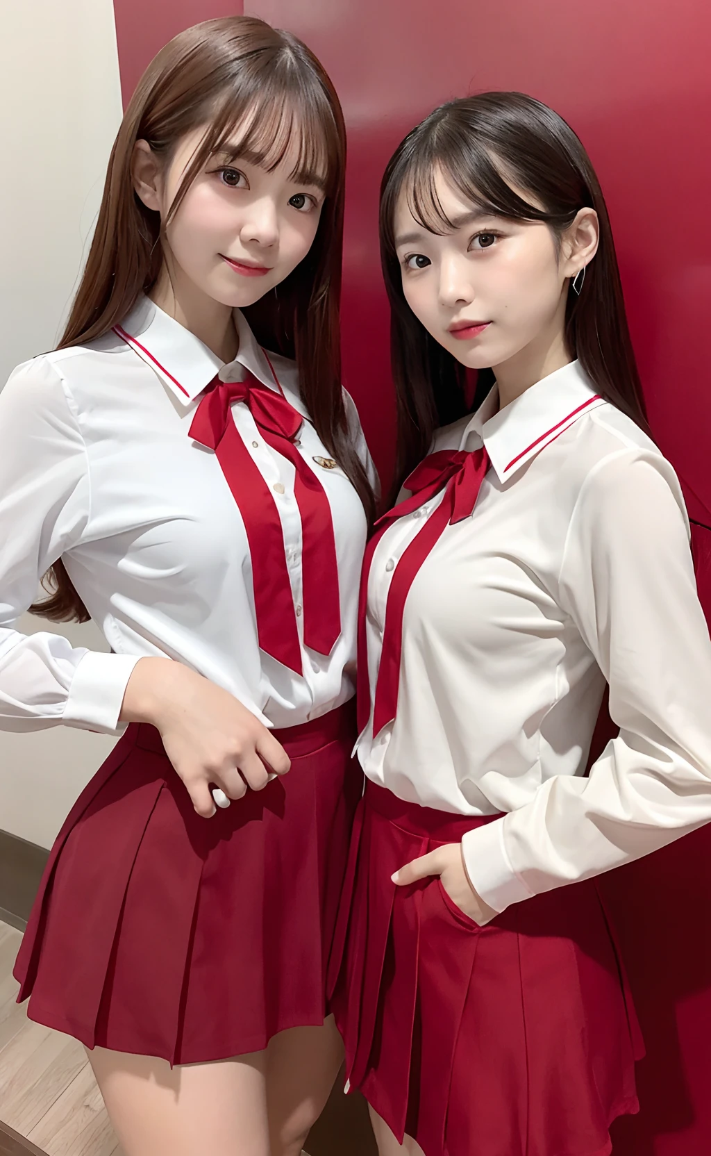 Two women in school uniforms pose for a group photo in front of the red wall, red velvet, inspired by Yanjun Cheng, JK school uniform, jaeyeon nam, wearing white clothes, Two Japanese female students pose for a full-body photo, with a twin, Show large breasts, white red, beautiful gemini twins portrait, in school uniform, seifuku, Official artwork, Red Uniform, White uniform