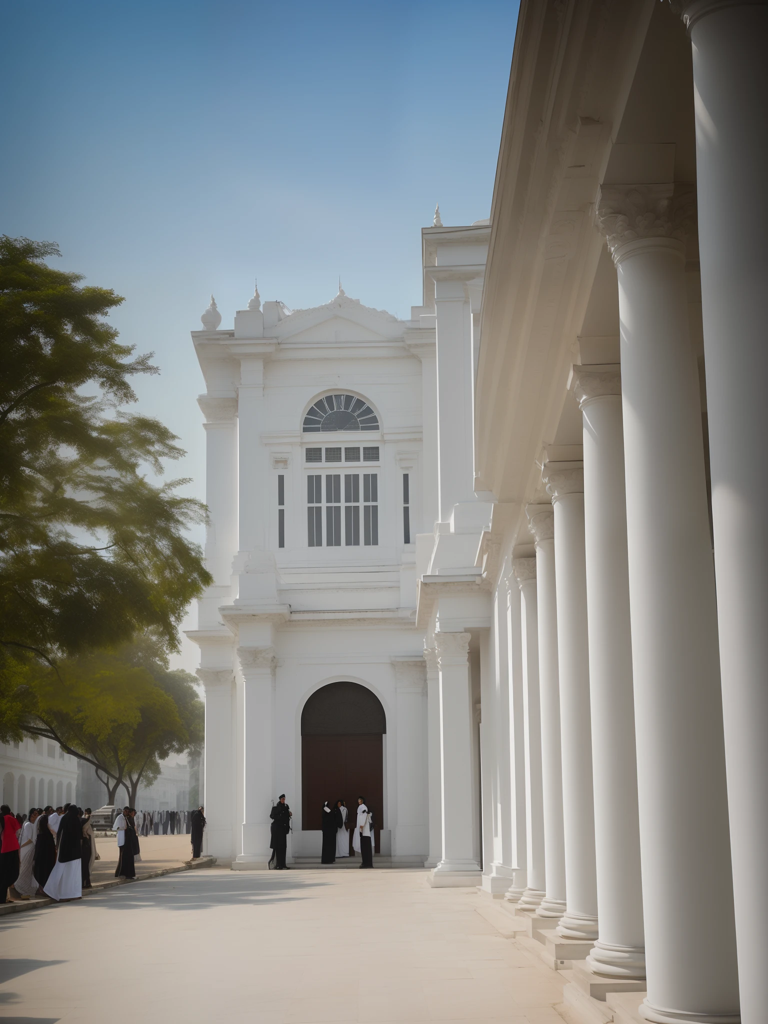 there is a white building with a clock tower on the front, neo classical architecture, on a great neoclassical square, neo - classical style, white marble buildings, neoclassical architecture, classical architecture, calcutta, khedival opera house, bengal school of art, white building, neoclassical police station, a middle-shot from front, neoclassical style, colonnade