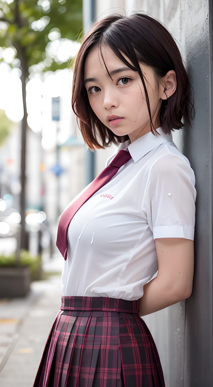 violaceaess, (gardeniass, rosaceaess:0.8), (masutepiece, Best Quality:1.4), Delicate girl, Beautiful short hair, close up, School uniform, White dress shirts, Short sleeve, Dark grey pleated plaid skirt, 8K, 50mm portrait, Raw photo, absurderes, breasts focus, Large breasts, Thin arms, very thin waist, arching back down, No makeup, worried, Sophisticated, face lights, clear lighting, Film grain, chromatic abberation, (dark red necktie:1.2), (Wet shirt:1.3), Street, Bokeh, (Simple background:1.2)