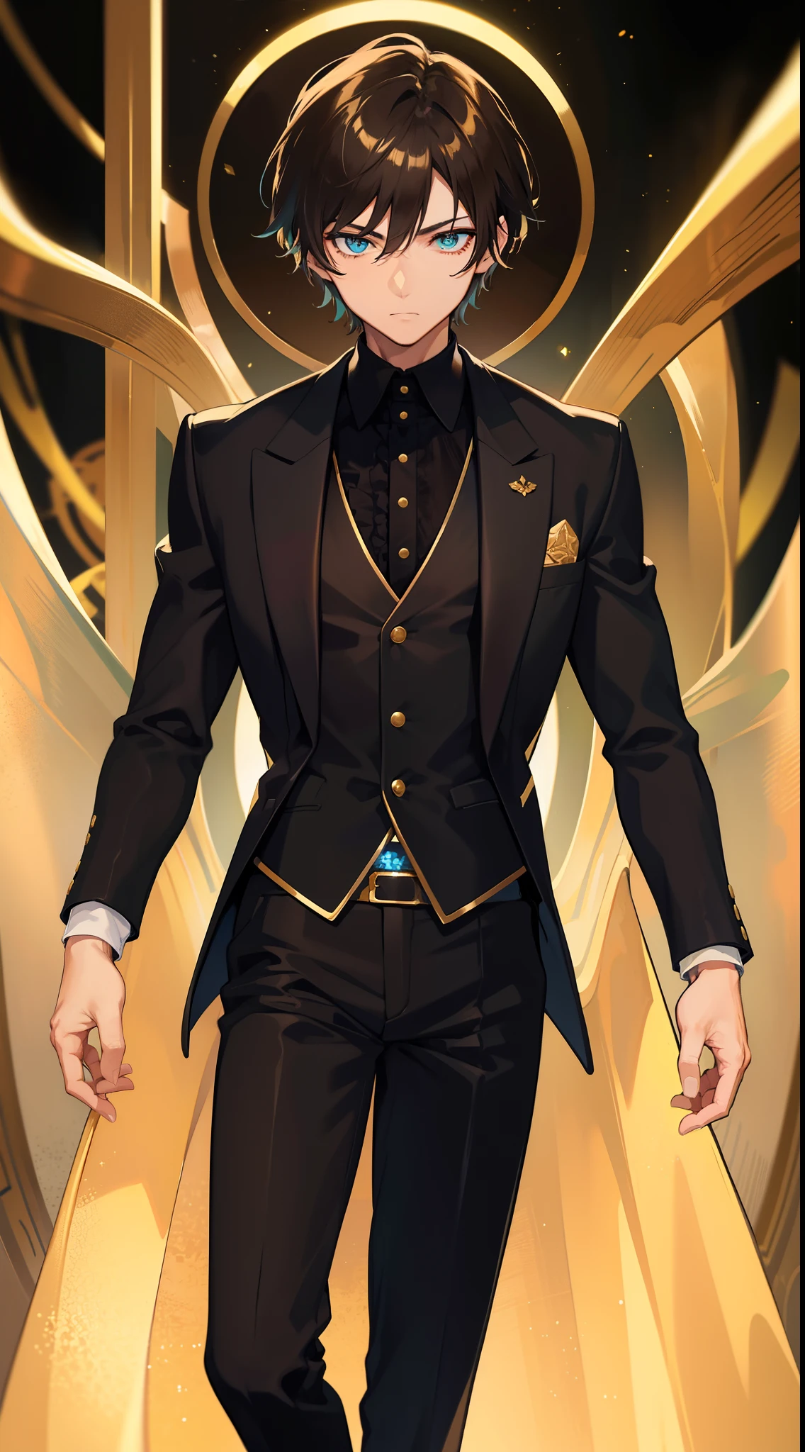 Young guy, short brown hair, Cyan eyes, Black suit with gold elements, Masterpiece, hiquality