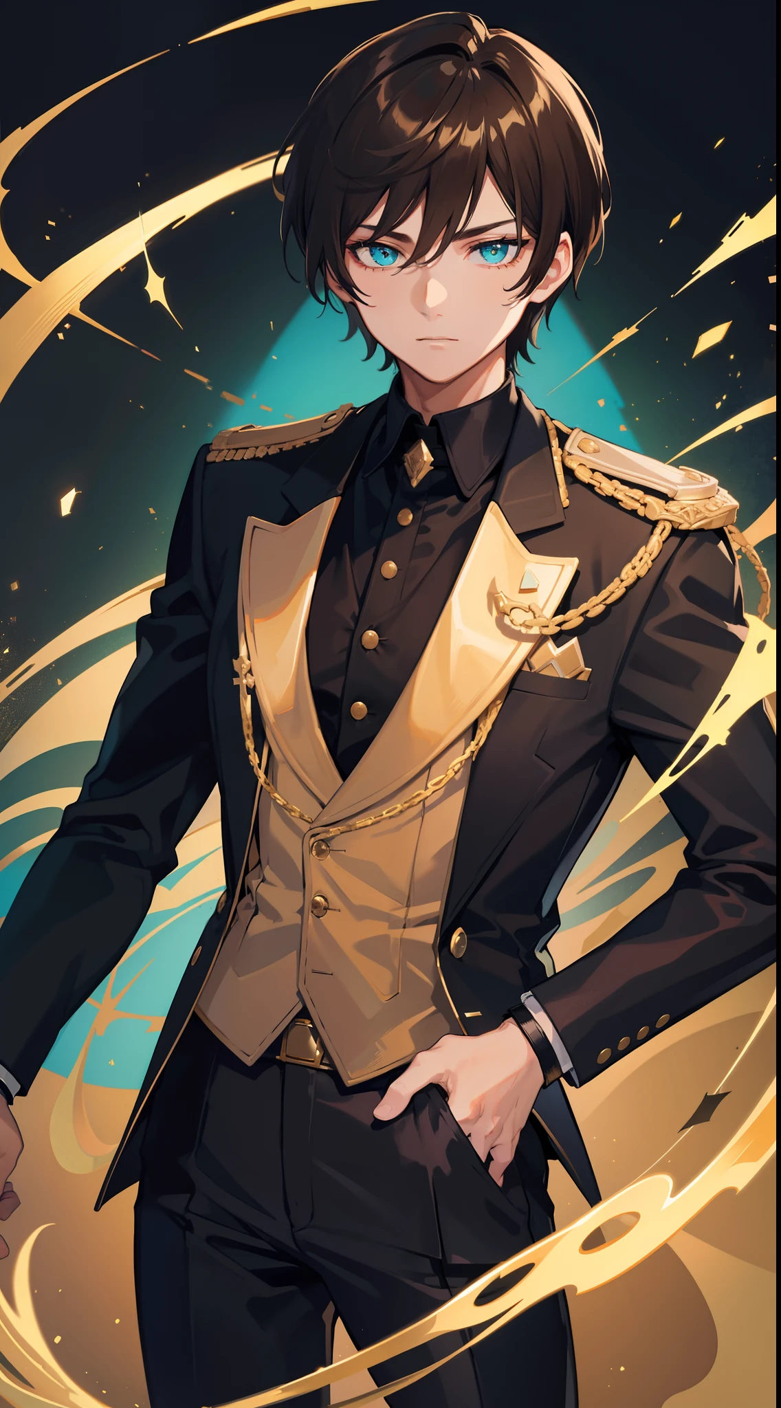 Young guy, short brown hair, Cyan eyes, Black suit with gold elements, Masterpiece, hiquality