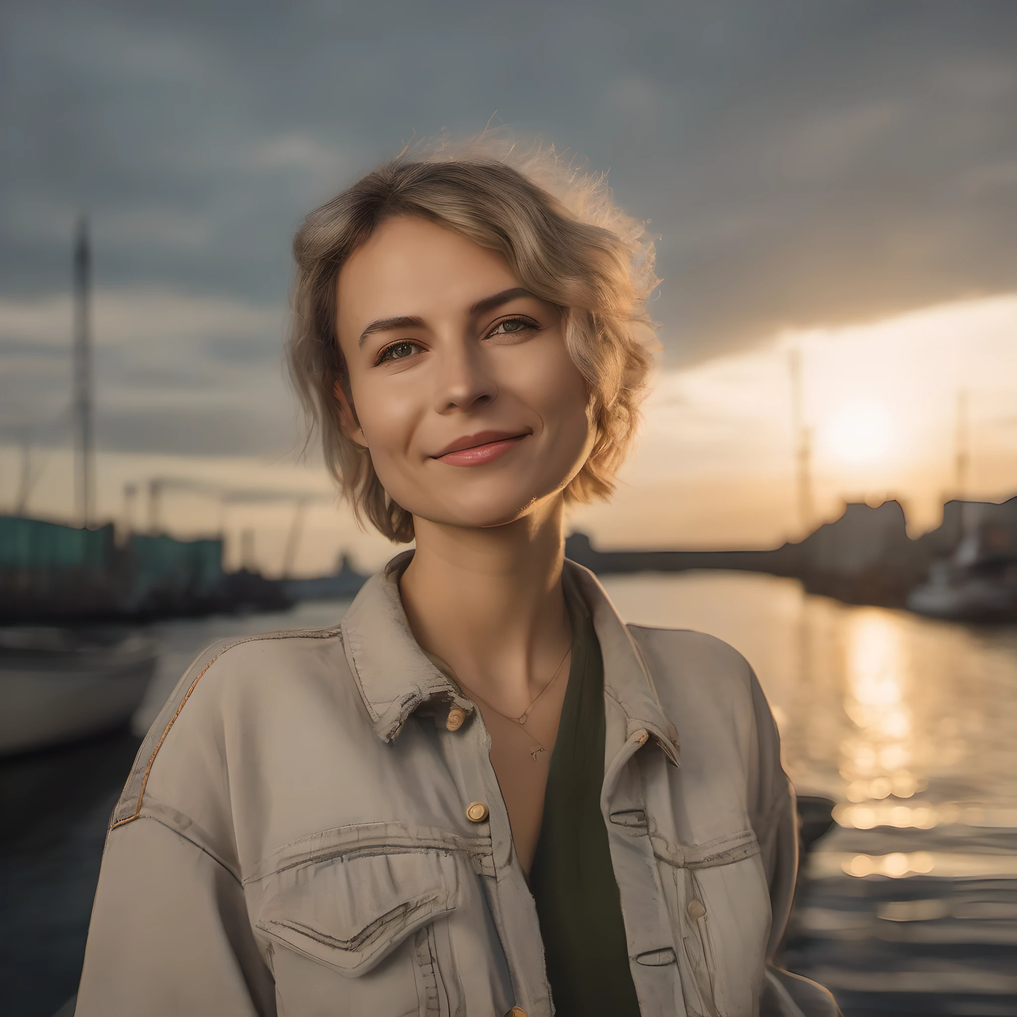 (Gorgeous Photo:1.3) of (Ultra detailed:1.3), (photorealistic:1.7),( realistic:1.7), RAW photo, 8k UHD, high detailed skin, handsome german hippie, 32yo,polish woman, green eyes, rule of thirds, masterpiece, photography, ultra realism, realistic, outdoors, golden hour, portrait, smiling, grey short hair, rocker style, DoF, (Hamburg:1.1), harbor, sky, clouds, soft lighting, ( highly detailed skin:0.7),(film grain:1.3), 8k uhd, dslr, soft lighting, high quality, HDRI, Fujifilm XT3