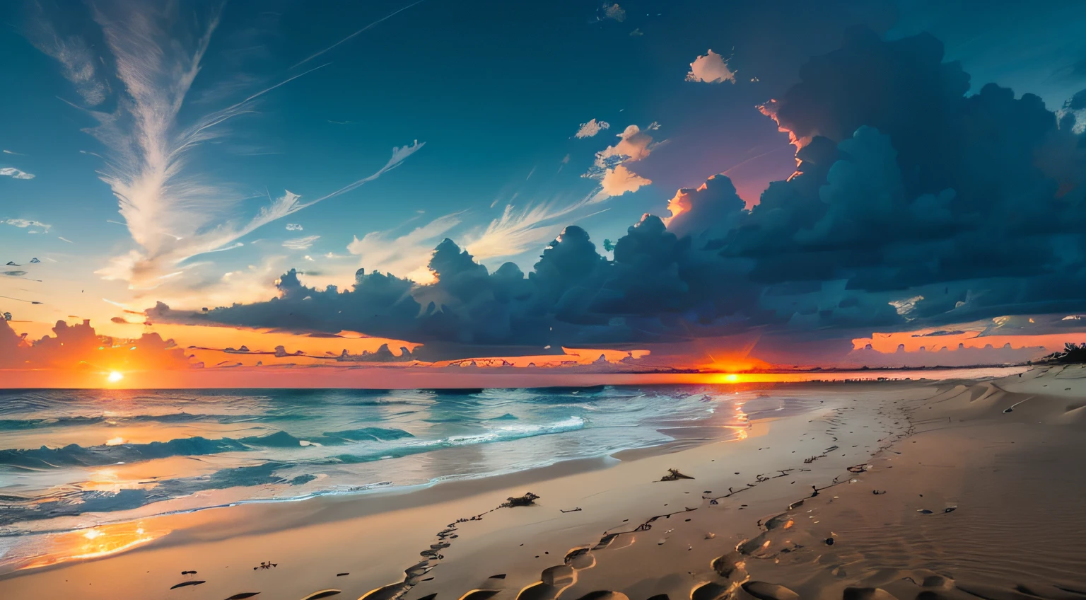 During the day, sand, ocean, cloudy, clouds reveal a powder-blue gradient sunset,