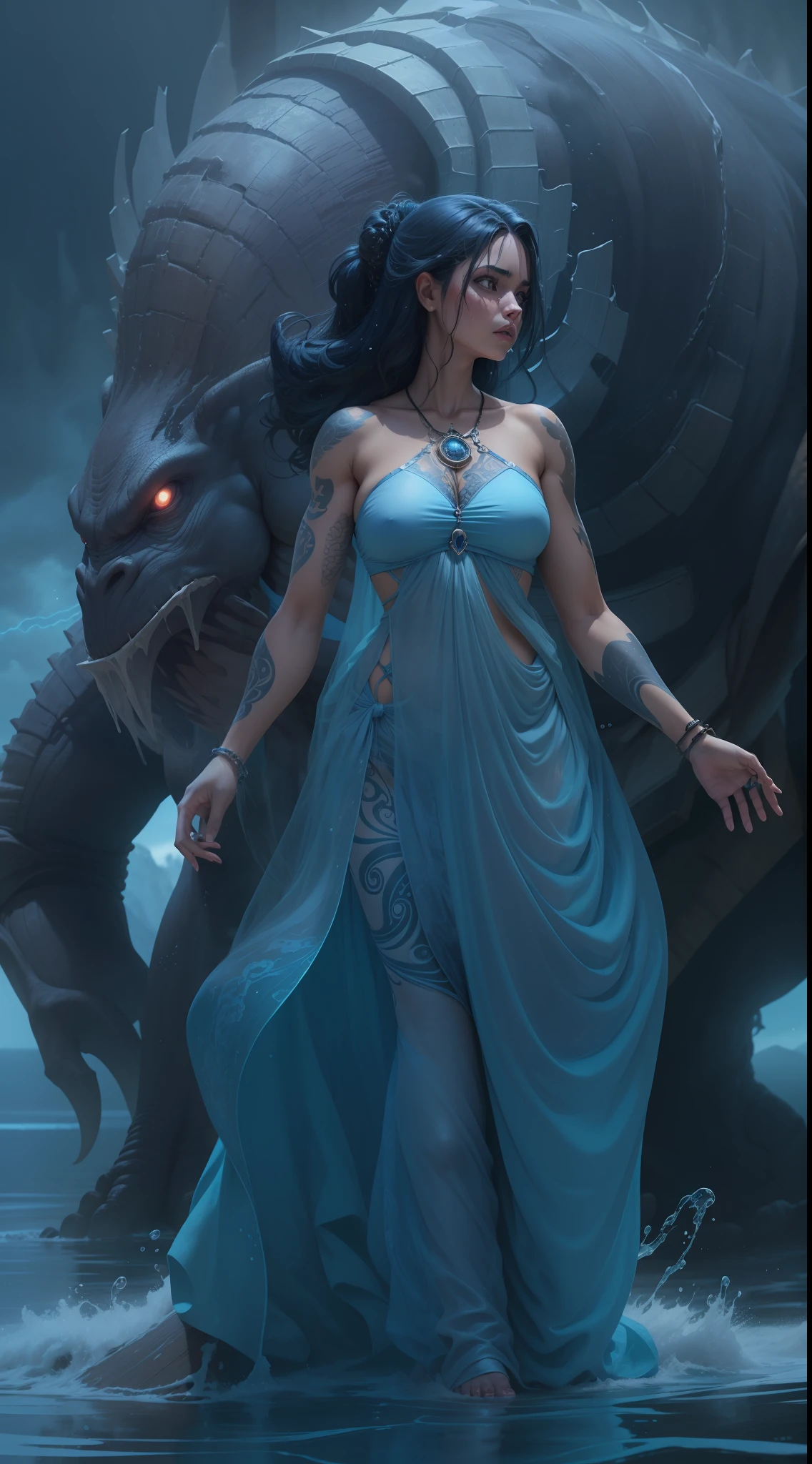 uma garota 18 anos molhada cheia de tatuagens tribal,( behind her a large muscular alien monster), ((cabelo cacheado curto)) ,all wet with water, corpo molhado (( no banheiro em baixo do chuveiro)), seios grandes,cabelo azul molhado, body of water, Startled expression looking at the camera , vestido curto azul transparente, clima de tempestade chuvoso a noite,8k super realista