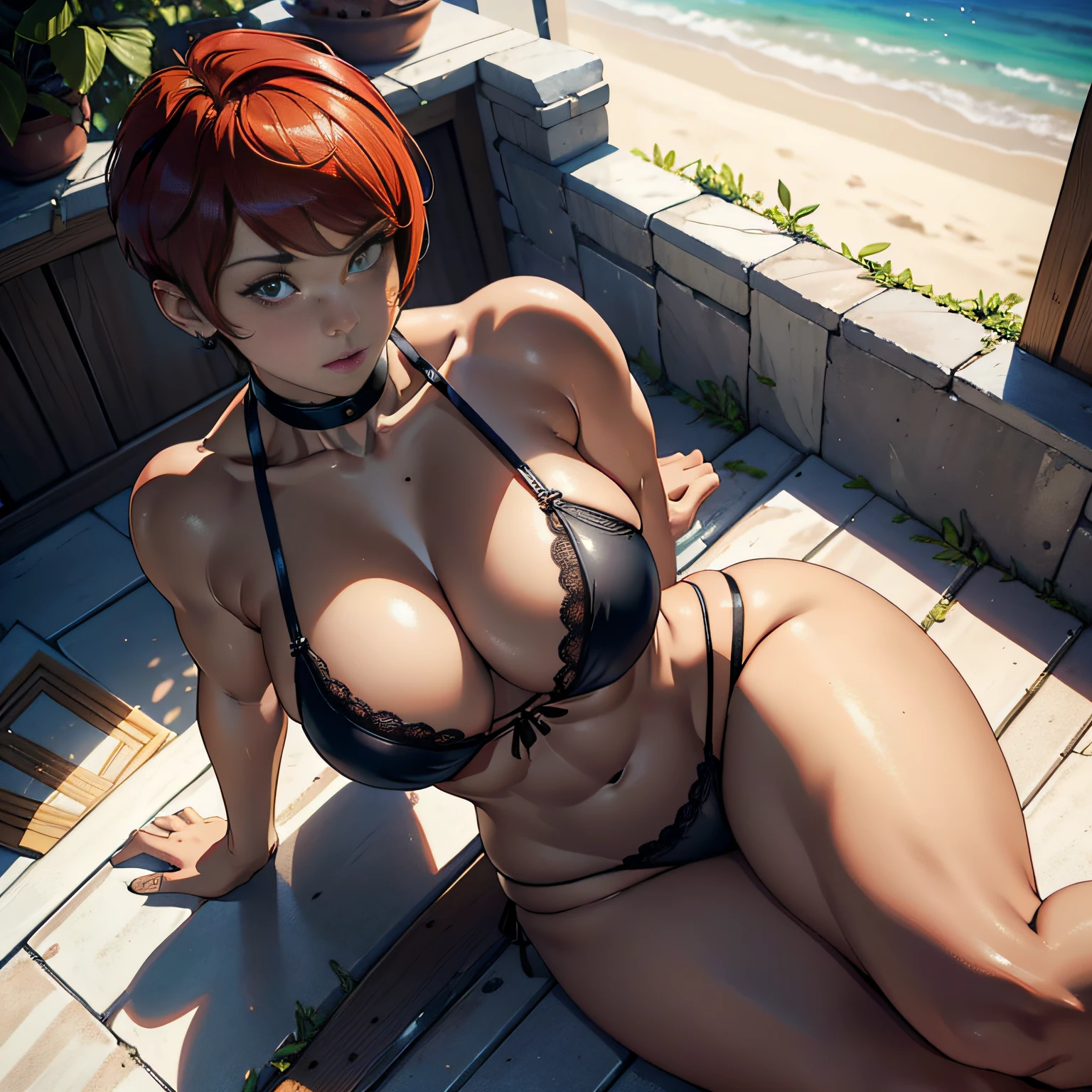 (high resolution, The pixels are perfect, luxurious illustration), (hyper qualit, Masterpiece, Ethereal: 1.4), nagatiti, (Medium breasts: 1.75), (Breast tightness: 1.3), (Bimbo 1.25 )，(bathing towel), (((((black-skinned)))))，（((Exposed breasts,: 1.4))), (Realism:1.4), (Realistis:1.4), (absurderes:1.4), 8K, Ultra-detailed, Beautiful and delicate mature face,(Solo:1.4), (red honey) Hair, (((Pixie cut))), 1girll, (Face viewer: 1.25), Intricate body details, (A MILF: 1.4), (Curvy:1.35), Arab woman posing on balcony, puffynipple  ,Titillating ，Ripped lace-trimmed panties, Very beautiful, Curvy physique, Fitness model, Thick body, Superhero bikini bodybuilder，，((( Carmelto)))，Naughty face，opening legs