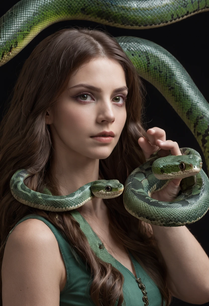 1 woman, Long hair, (20yr old), (Many snakes grow from the heads of beautiful women1.2),Beautiful detailed eyes, Snake hair, Gliding snake, green snake, Hiss, toxic, detailed scale, Horror, A look of surprise, Dark background, Moonlight, spooky ambiance, (Cinematic composition:1.2), fantasy, Surreal, Chilling, fear, Hairy snakes are woven together, Medusa, gorgon, dangers.