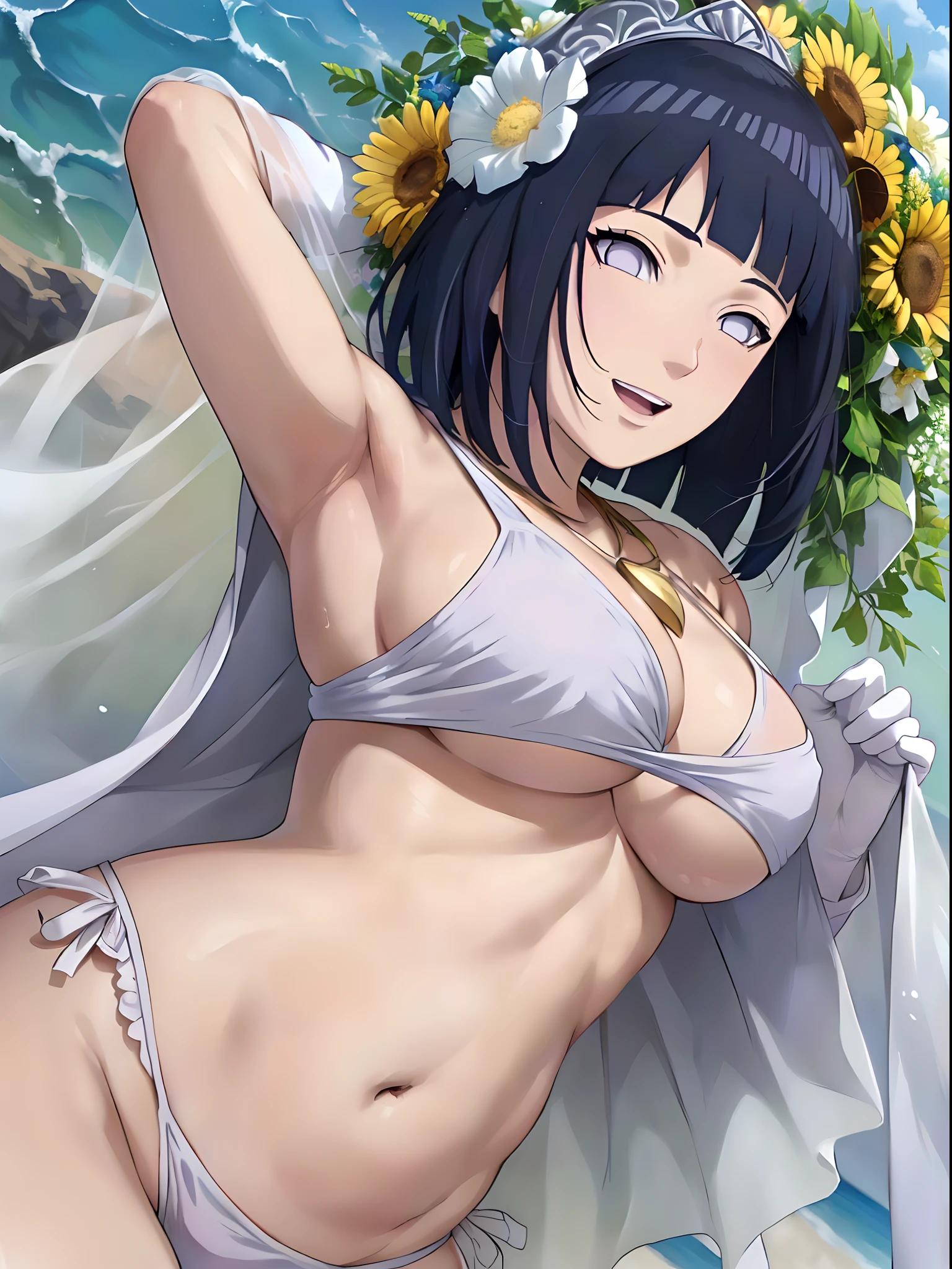 (WALLPAPER, masterpiece, 1k, anime style:1.9, laying on flower bed, (navel, dirty armpits, groin), contrast lighting, (detailed beach background, (lean forward), big breasts, big boobs, open mouth, high color saturation, bold lines, bold drawing lines, (strong arms, flat belly, groin), detailed bold arm lines), (strong arms, thick arms, detailed shoulders), strong light on body, plain, bare body, (large breasts, perky boobs), minimum clothing, taking off shirt, bare shoulders, off-shoulders, bare chest, (very tight pure white tiny bikini, wedding veil, white flower wedding tiara, long white gloves, white leg flower band, gold necklace), no shirt, showing off), hinata\(boruto\), mature female, sunbathing, milf, (curvy:0.8), solo, (short hair, hime cut, extremely happy), (dark blue hair color:1.1), white, flat belly, perfect eyes, white sciera, white eyes, anime eyes, smoky eyeliner, eyeshadow, perfect face, shy, sharp focus, professional artwork, intricate details, colorful, vibrant colors, vivid colors, digital blending, ultra detailed body, ultra detail hair, ultra detail face, trending on pixiv, kind smile, shy, very hot colors, sunny day, outdoor,