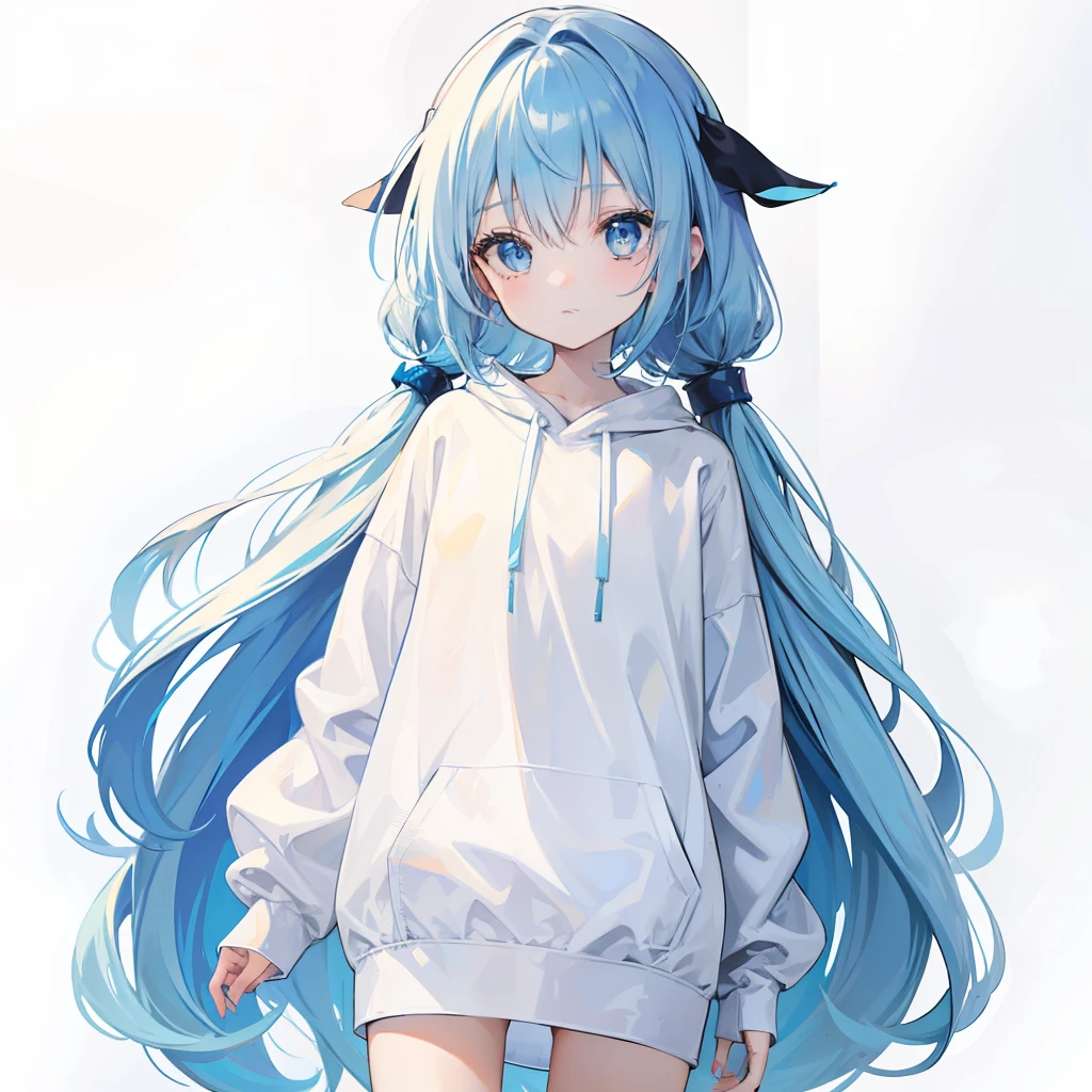 Long fleshy blue hair，Loose and simple white and blue milky sweatshirt，It looks small and cute，It's a little girl