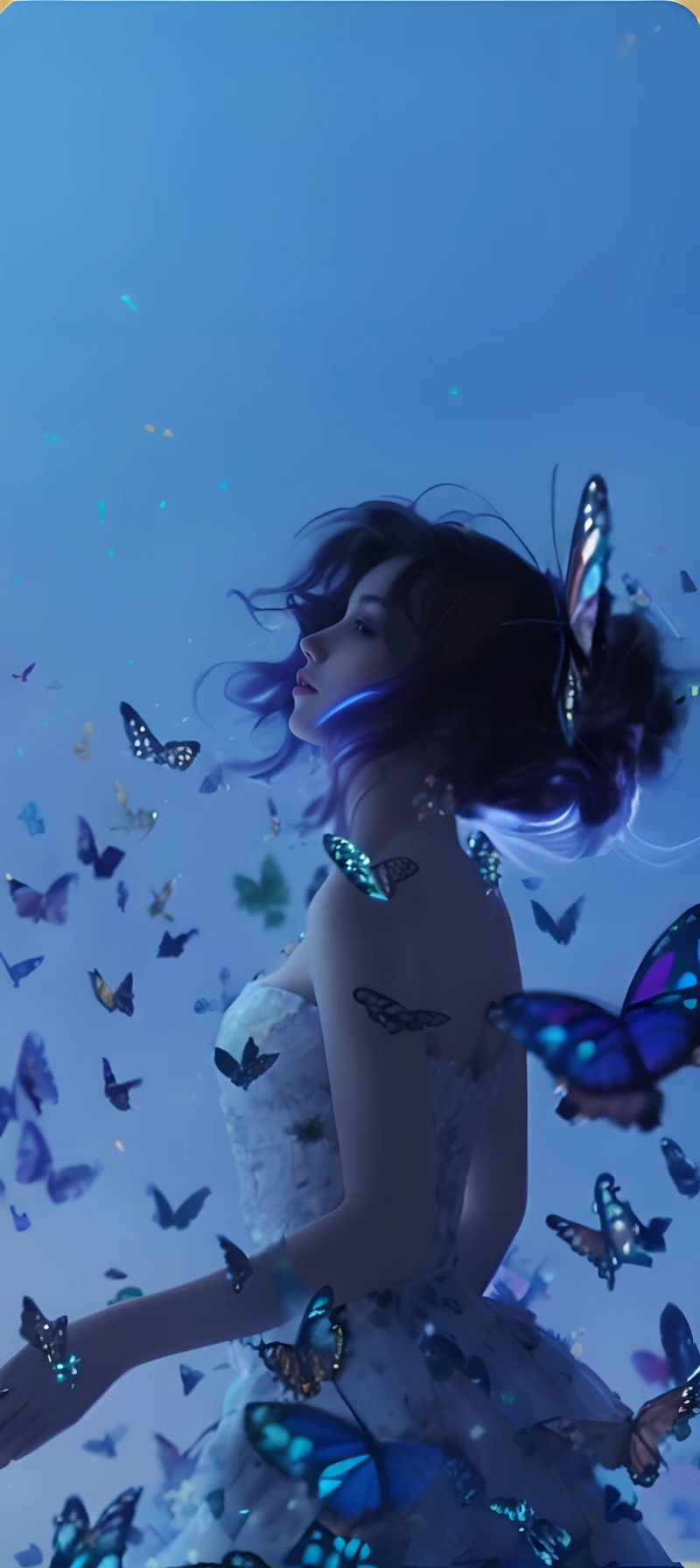 There was a woman in a dress surrounded by butterflies, Glowing blue butterfly, Butterflies float in the sky, Butterflies, author：Han Gan, Glowing butterflies, by Yang J, butterflies flying, personal profile picture, inspired by Ross Tran, loish and ross tran, Butterfly, author：Ju Chao, ethereal wings, Profile picture, By Li Song, Butterfly wings，Highest image quality，