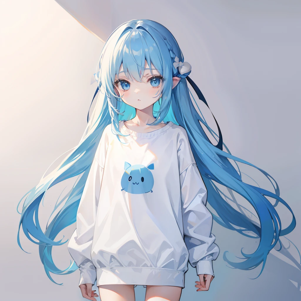 Long fleshy blue hair,Loose and simple white and blue milky sweatshirt,It looks small and cute,It's a little girl