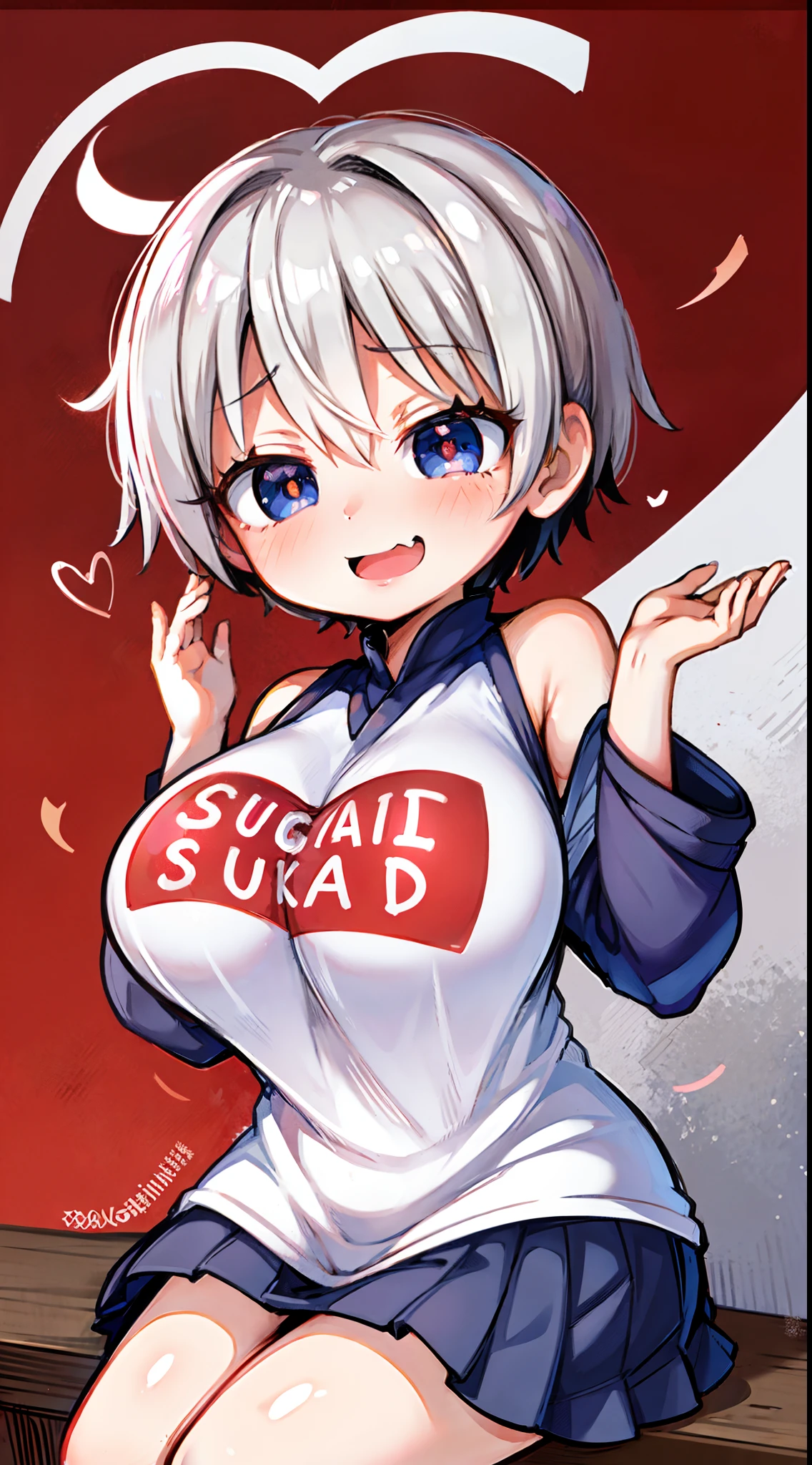 uzaki hana ，（A white border around a red rectangular background：2.5），head looking up，Superskirt，whitesweater，Evil smile,High detail,ahegao face,Moles under eyes, Heart-shaped pupils，Love pupils，cropped shoulders，Lots of hearts，Fleshy thighs,highly rendered，detailed face with