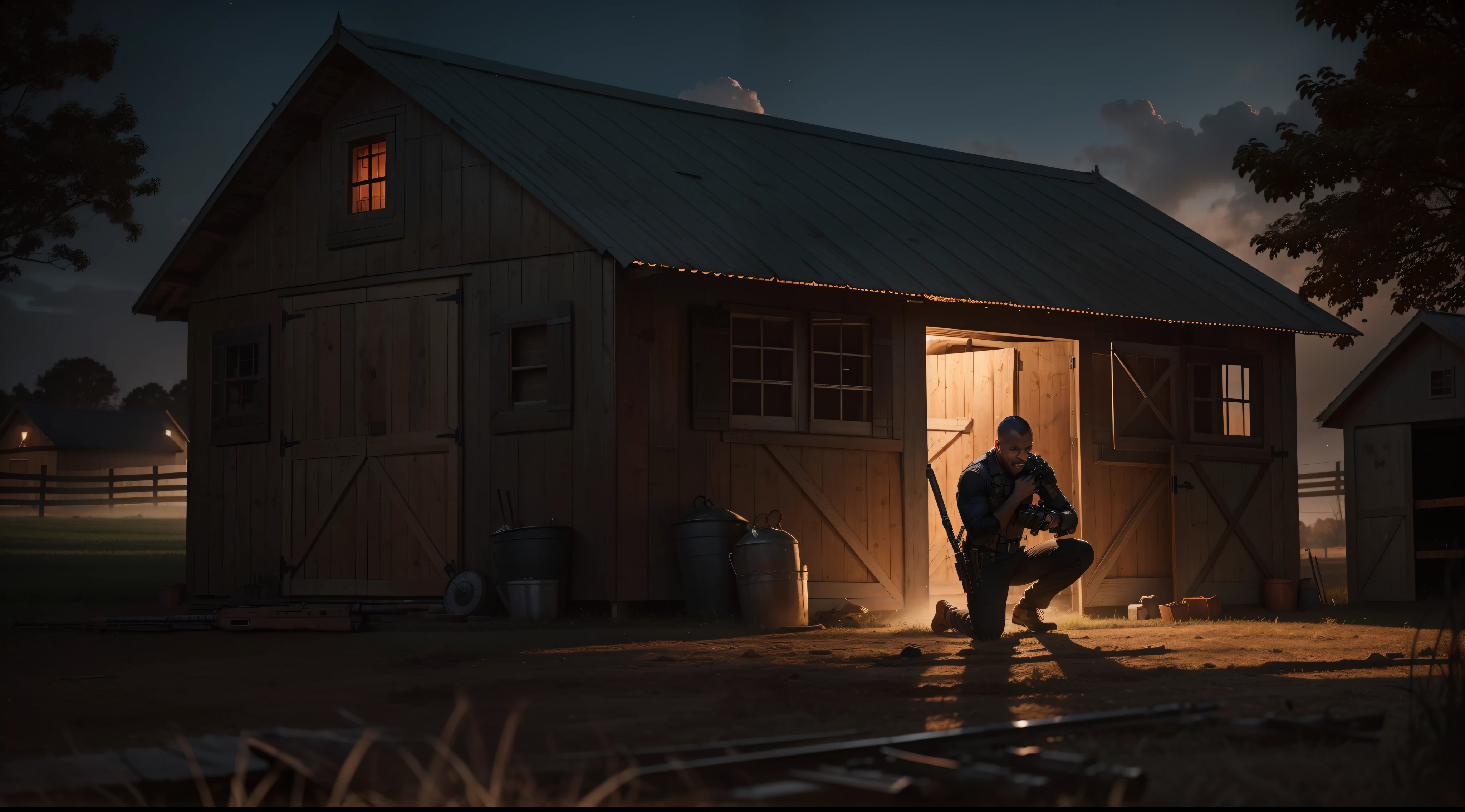 A gunman on his knees wailing, In front of a farm shed, noite escura e sufocante parecia, estilo jogo de terror, evil, 8k, maximum detailed, high quality
