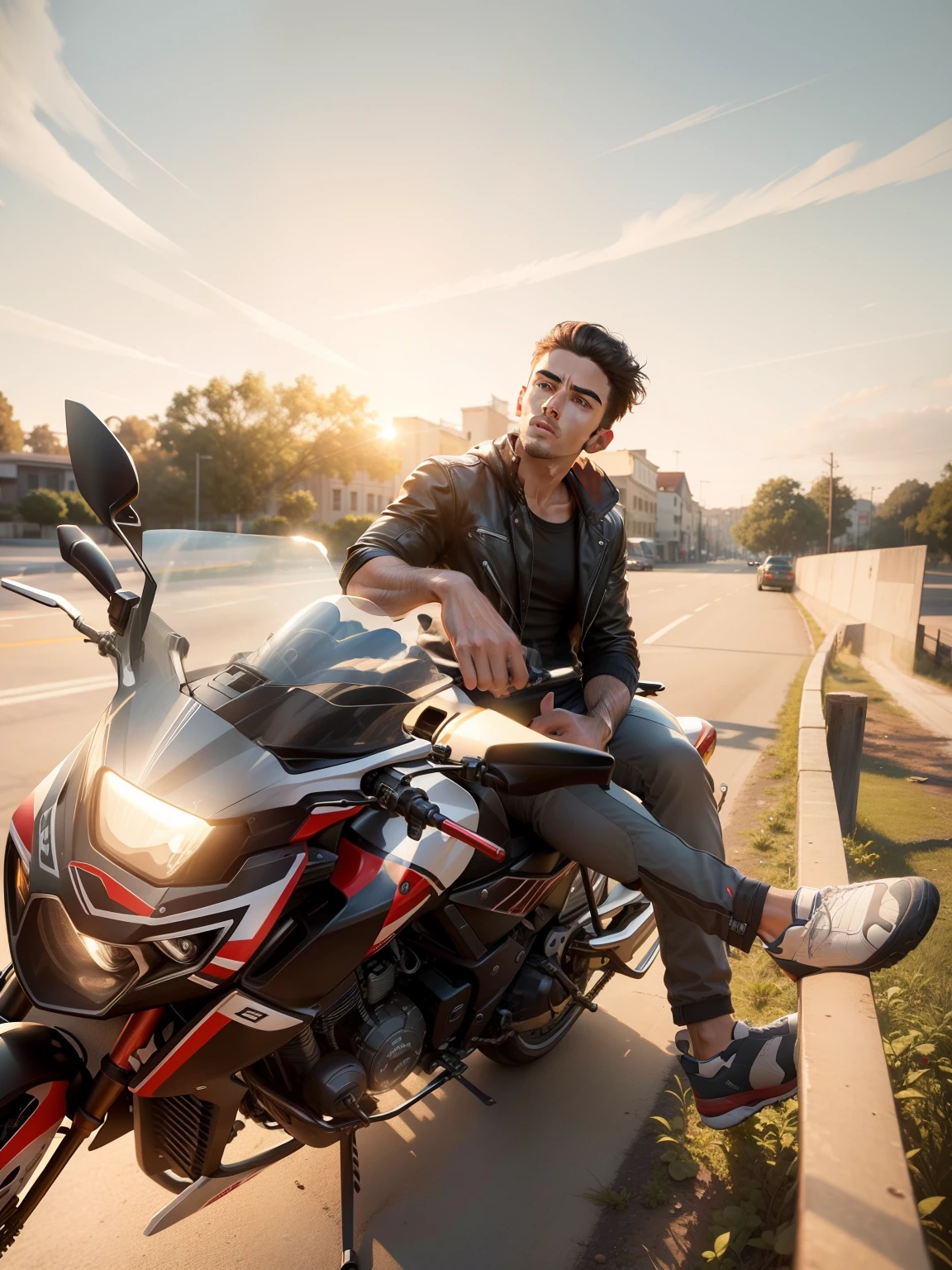 Change background, handsome boy, realistic face, 8k, ultra realistic, Don't change face, change bike.