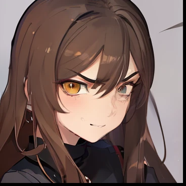 a cartoon girl with long brown hair and a black shirt, cynical face, super serious facial expression, slightly happy facial expression, jaidenanimations, unpleasant face, very accurate face, wry smirk, accurate face, nefarious smirk, serious facial expression, discord pfp, discord profile picture, halfbody headshot, cel - shaded art style