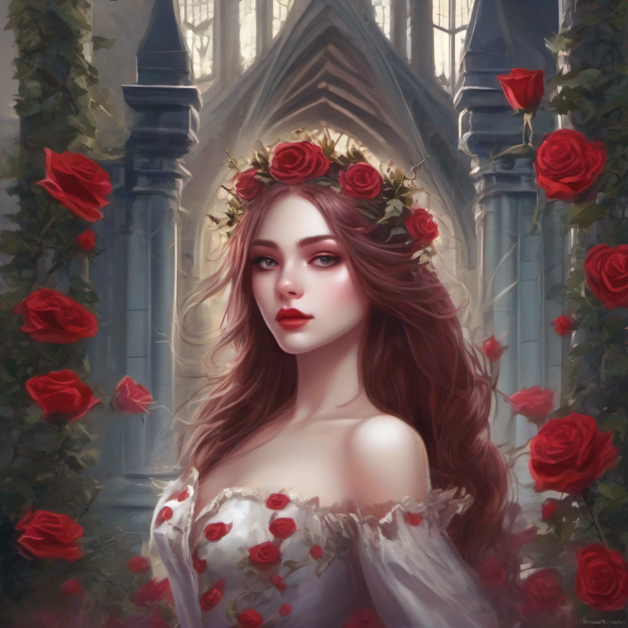 Portray a vampire girl who dwells in a castle overgrown with thorny roses. She has a captivating beauty that is both chilling and seductive. Her skin is as pale as the petals of the roses, her lips are as crimson as their thorns, and her eyes hold a depth of centuries.