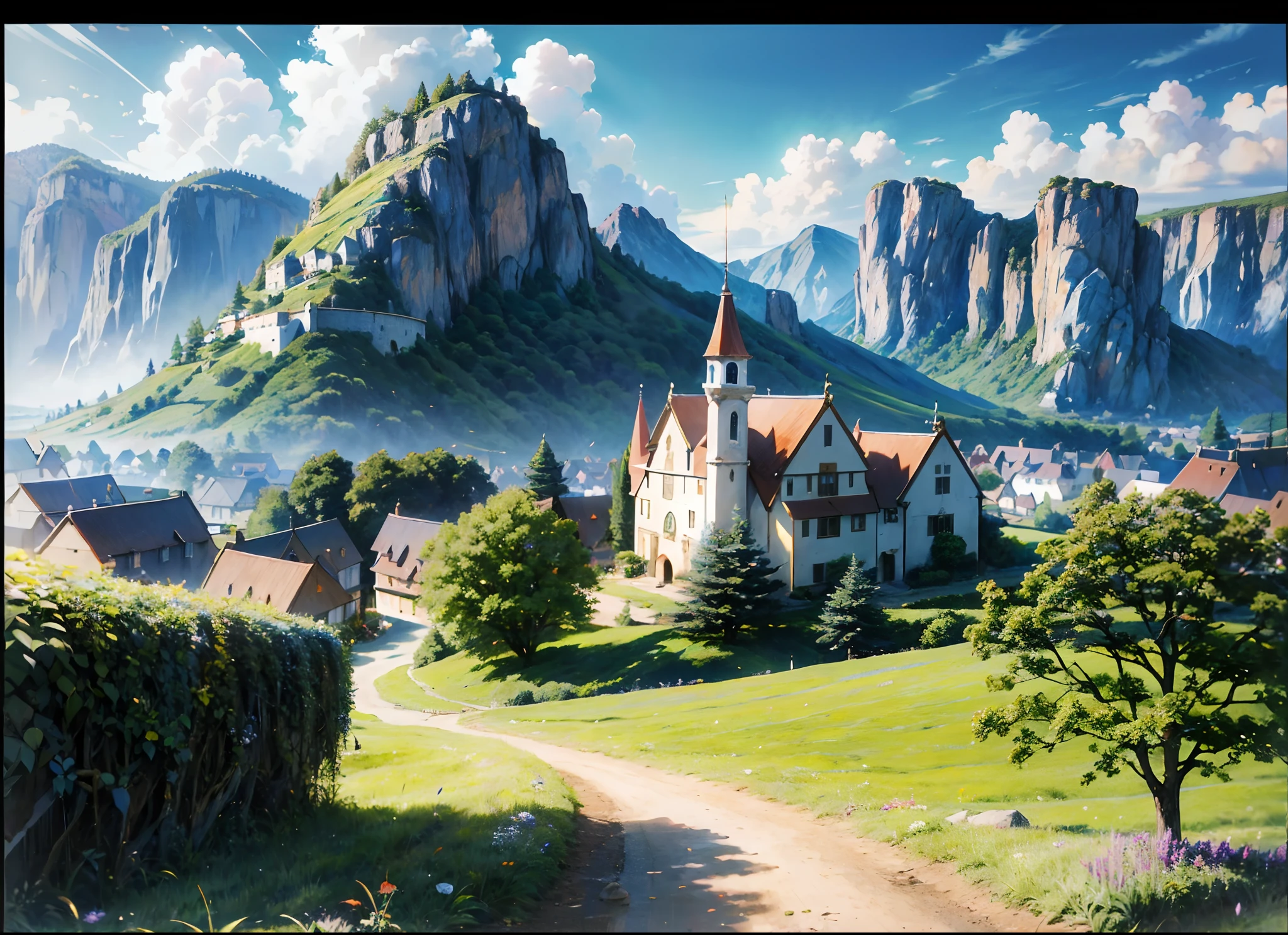 (absurdres, highres, ultra detailed, HDR), masterpiece, best quality, legend of mana town, dawn of mana console, portrait of a place, nostalgic place, town of lumina, detailed scenery, in a legend of mana town, lumina, place town, scenery, professional photo, cozy town detailed scenery, detailed background