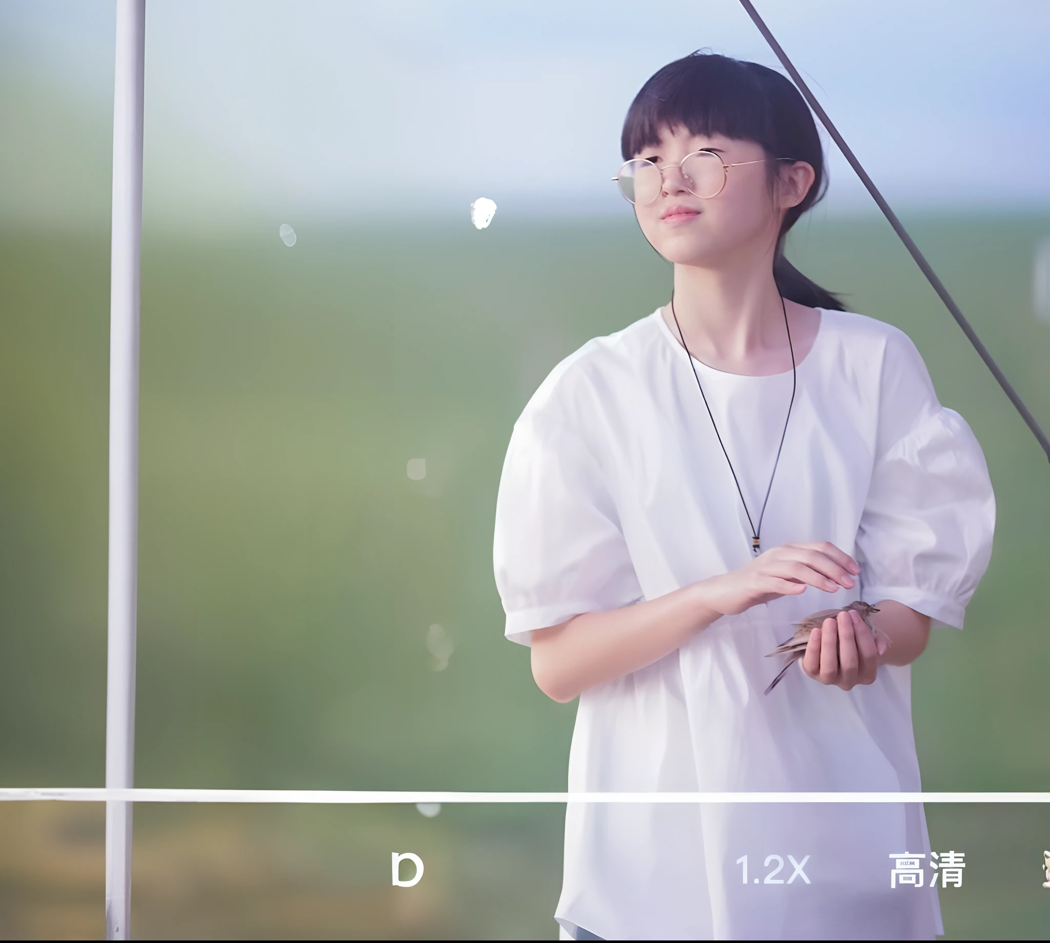 There was a woman holding an umbrella in the field, xintong chen, White Hanfu, Li Zixin, Chinese girl, ruan jia beautiful!, Inspired by Tang Yifen, inspired by Ma Yuanyu, author:Xia Yong, mingchen shen, young wan angel, xue han, fine simple delicate structure, wenfei ye, wearing small round glasses
