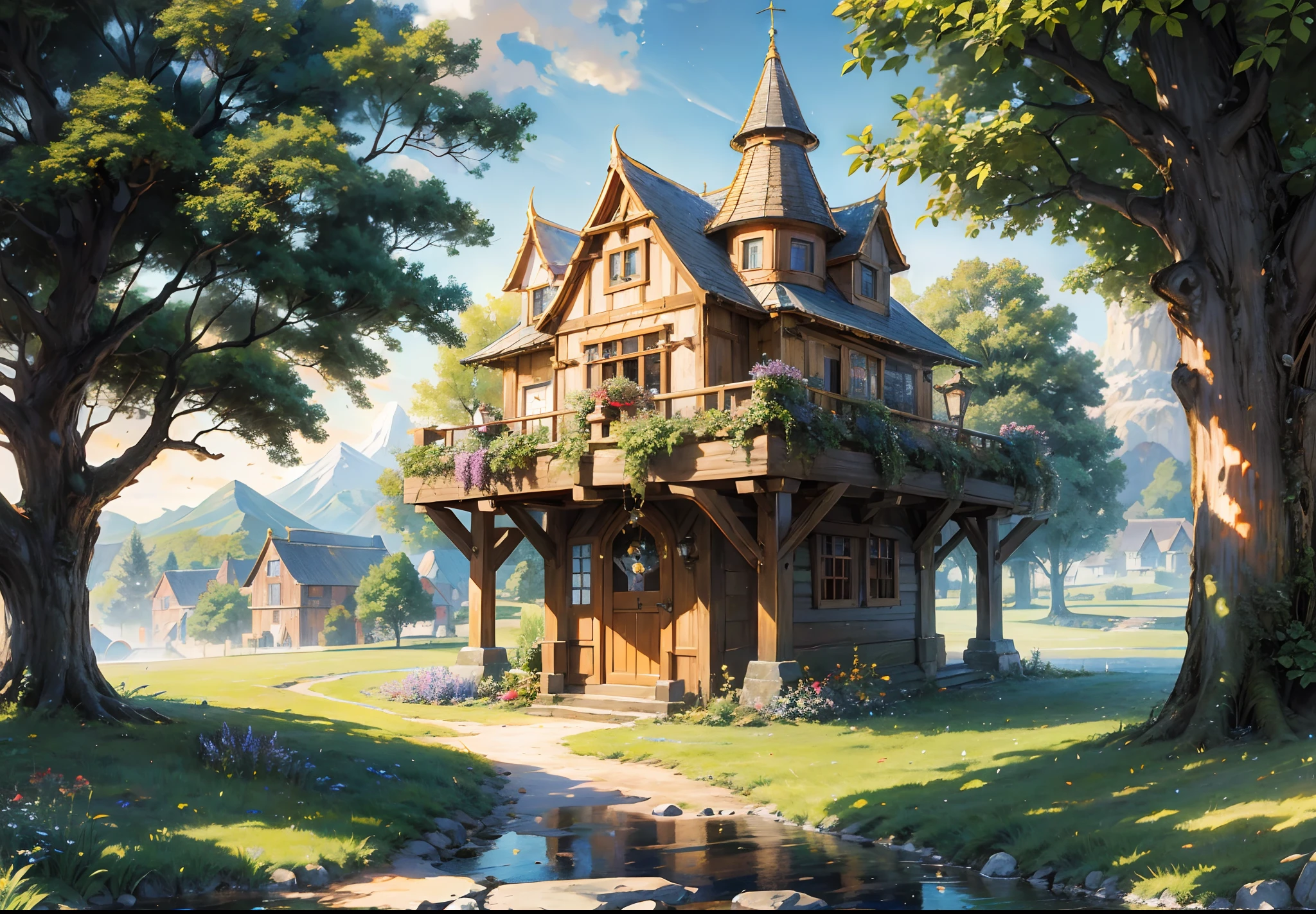 (absurdres, highres, ultra detailed, HDR), masterpiece, best quality, legend of mana town, dawn of mana console, portrait of a place, nostalgic place, town of lumina, detailed scenery, in a legend of mana town, lumina, place town, scenery, professional photo, treehouse style town detailed scenery, detailed background
