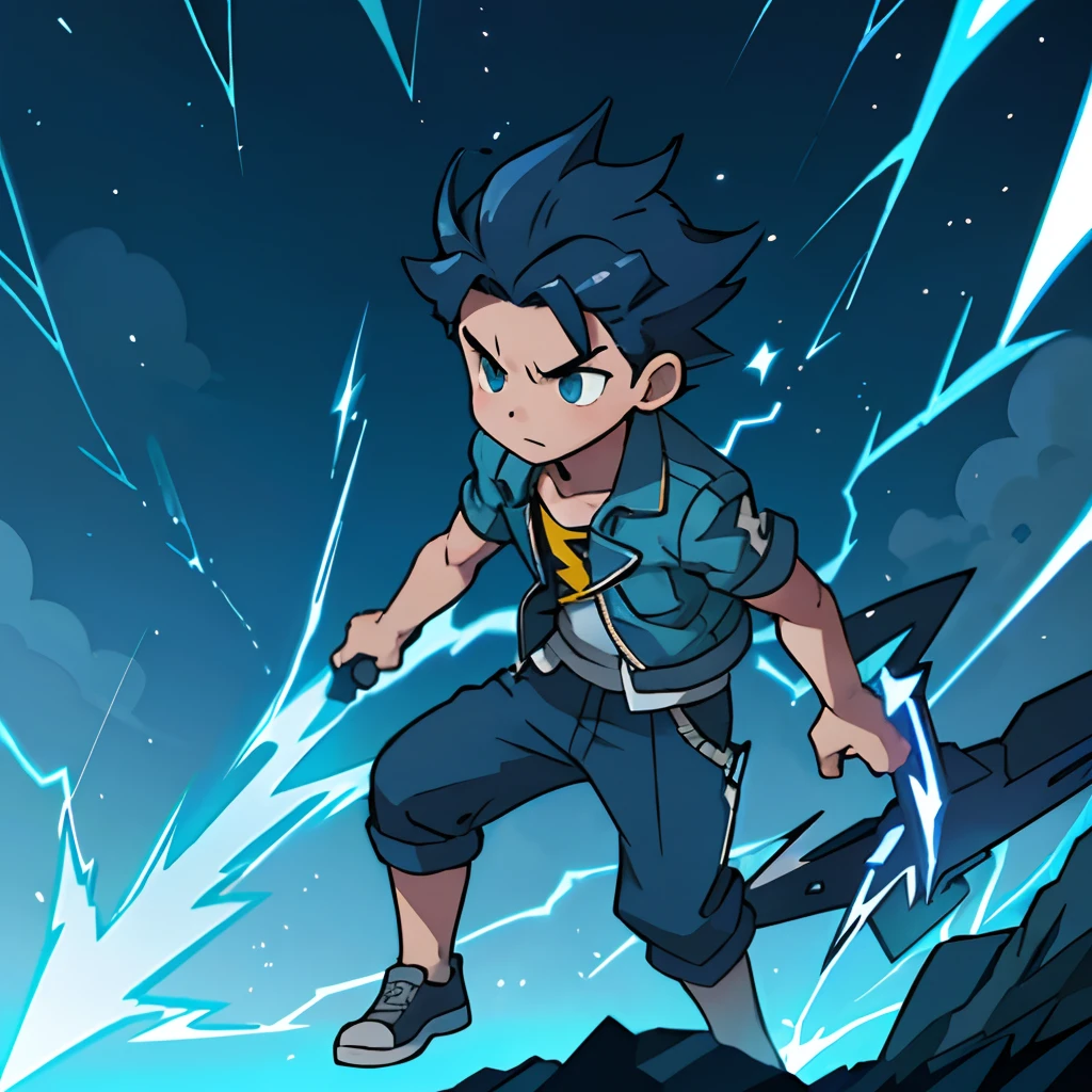 A boy，Blue hedgehog head，Stand in the thunderbolt，The body is surrounded by lightning and lightning，Supernatural energy，
