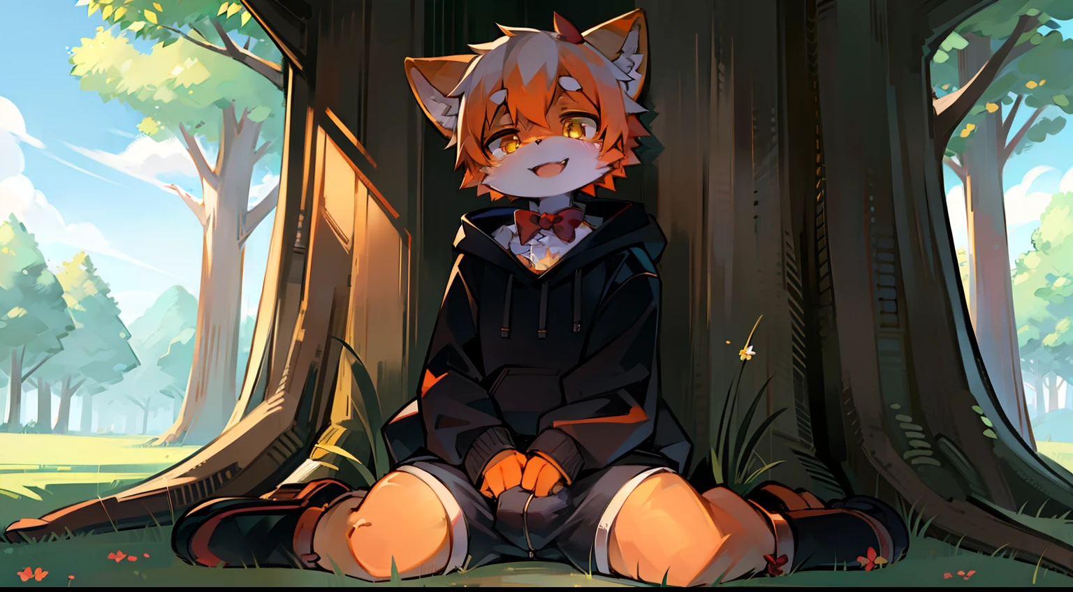 Solo, kemono, femboy, orange and white hair, yellow eyes, wear black hoodie, wear black boxer, wear red bow tie, look at camera, smile open mouth, sitting under the big tree, green meadow background, medium flower count on ground, medium cloud size, daytime