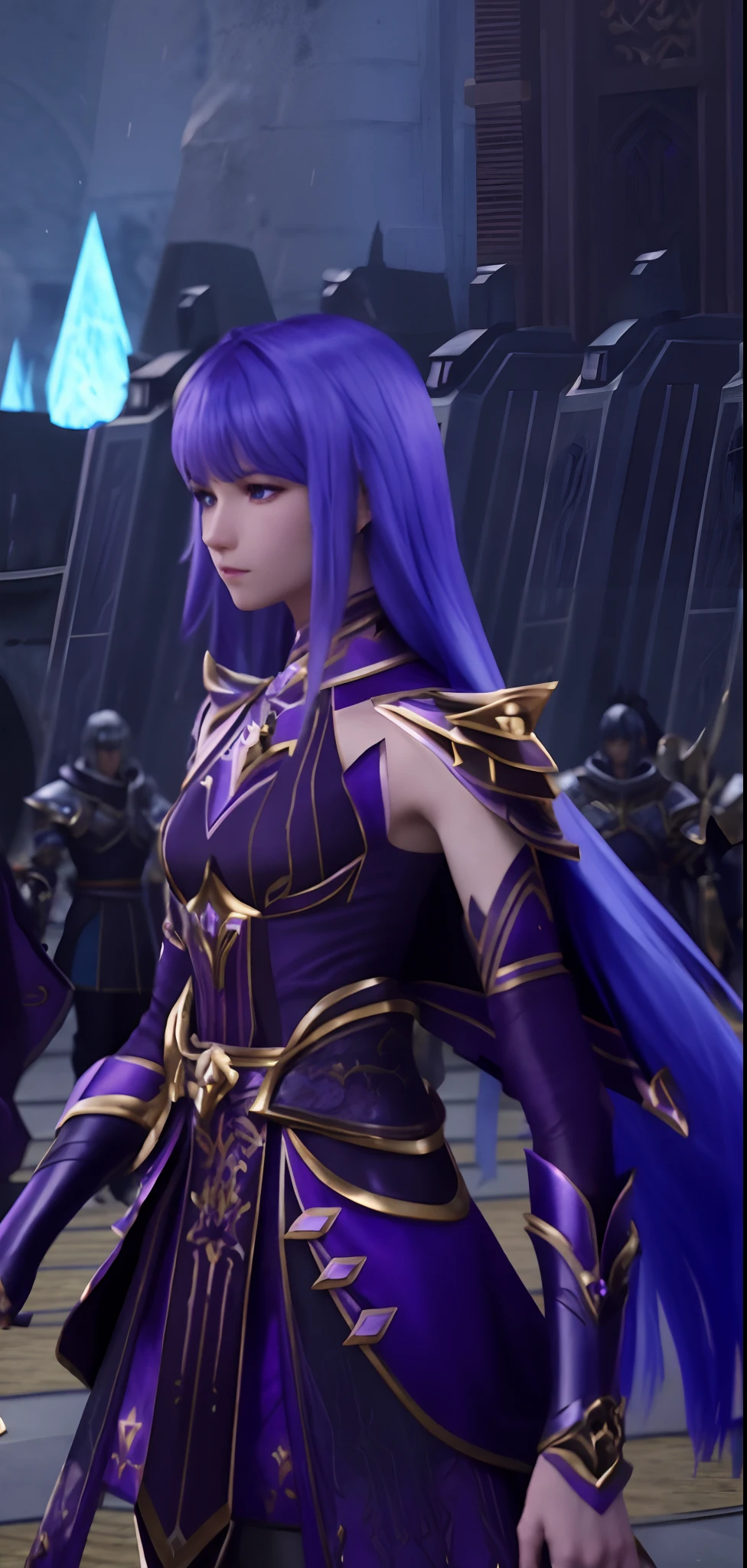 a close up of a person in a purple outfit with a sword, Purple armor, wearing dark purple armor, unreal engine render saint seiya, sleek purple armor, knights of zodiac girl, Portrait Chevaliers du Zodiaque Fille, ayaka game genshin impact, Keqing from Genshin Impact, Ayaka Genshin impact, but the armor covers her face