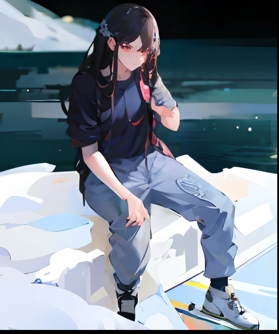 The Arafed sits on skis over the snow, yanjun cheng, inspired by Ding Yunpeng, inspired by Wang Zhenpeng, wearing nike air mags, yung lean, inspired by Yanjun Cheng, Inspired by Xiao Yuncong, inspired by Fei Danxu, ryan jia, icey, icy, sitting on top of a cryopod