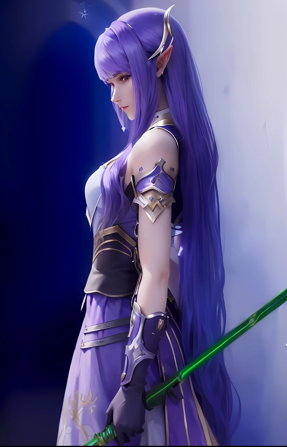 Close-up of a woman with long purple hair holding a sword, Portrait Chevaliers du Zodiaque Fille, knights of zodiac girl, Blue-skinned elves, android heroine, alluring elf princess knight, Katana Zero video game character, beautiful female android!, Art germ. 3d shadowing effect, beautiful elf with violet skin, elf princess knight, Artgerm Plat