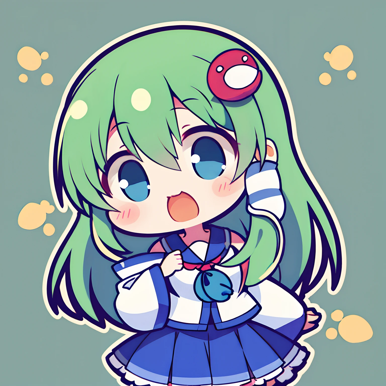 (Chibi:1.1),1girl,Kochiya Sanae, Mirando al espectador, tubos capilares, Adorno de pelo de rana, Adorno de pelo de serpiente, camisa, mangas largas, mangas anchas, falda azul