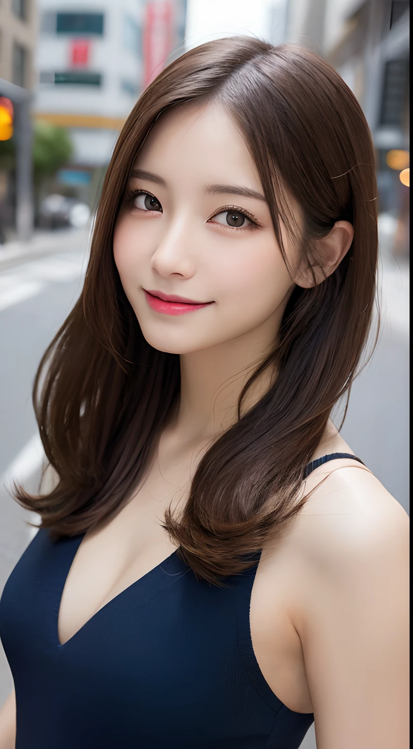 masutepiece, Best Quality, Illustration, Ultra-detailed, finely detail, hight resolution, 8K Wallpaper, Perfect dynamic composition, Beautiful detailed eyes, doress,Medium Hair, mid-chest, Natural Color Lip, Random and sexy poses,Smile,Aoyama Street Walk