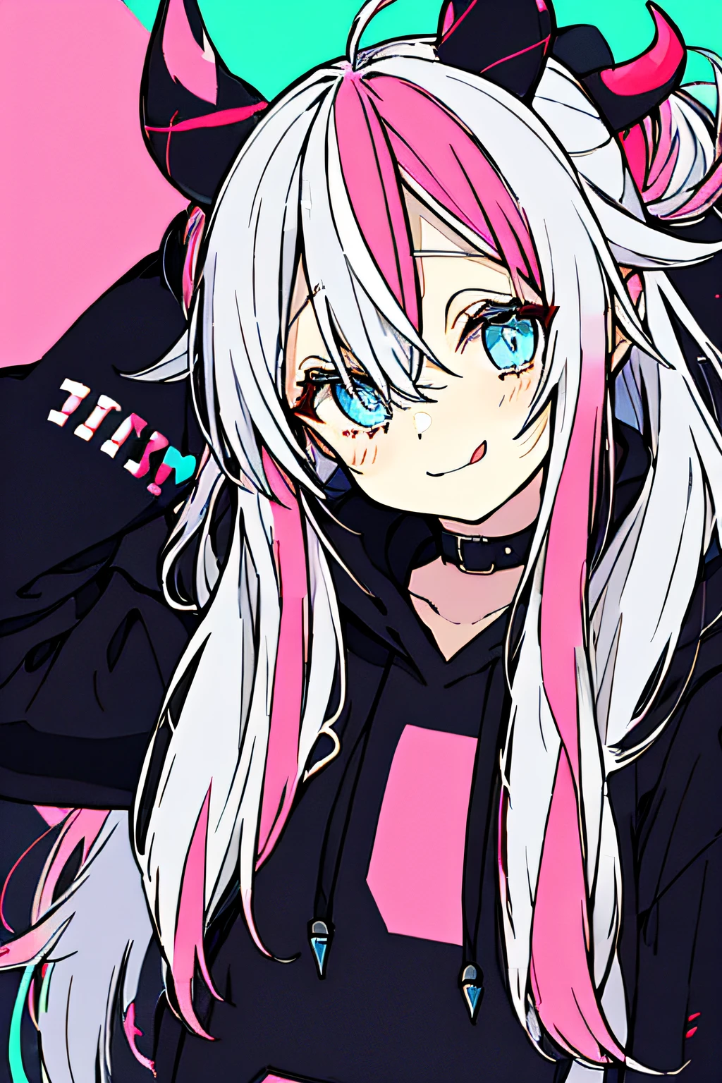 1girl, solo, hood, blue eyes, tongue, tongue out, long hair, long sleeves, bangs, hood up, black hoodie, arm up, upper body, multicolored hair, looking at viewer, white hair, hair between eyes, puffy long sleeves, hoodie, puffy sleeves, pink hair, drawstring, blush, closed mouth, :p, fake animal ears, virtual youtuber, sleeves past wrists, smile, horns, black jacket, jacket, two-tone hair