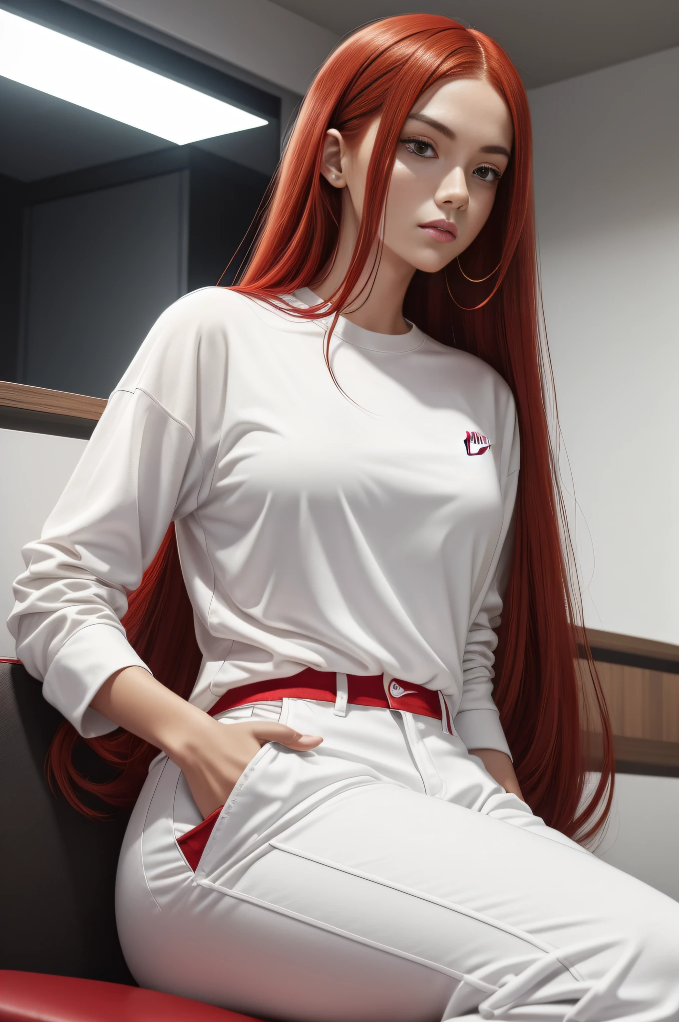 a woman in a white shirt and red pants is playing video game, simple style, wearing elegant casual clothes, muted red, simple clothes, milk and red style, casual clothing style, modern fashion outfit, wearing a fisher , casual modern clothing, inspo, red clothes, red pants, neutral tones, rred and white color scheme, casual business outfit, scary face, nike shoes, 22 years old, adult face, long hair, ((red hair))