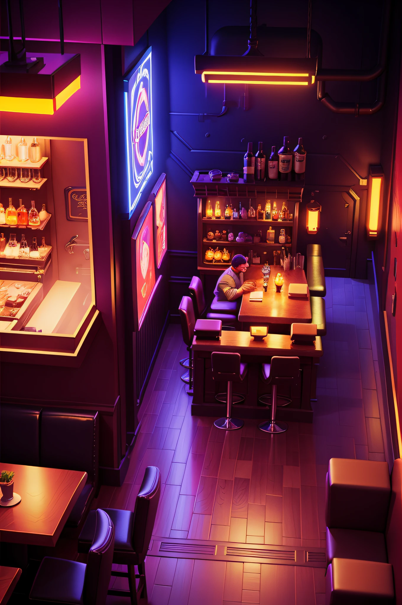 looking from above，90-degree perspective，Cyberpunk speakeasy background, diner background, Bar background, tavern background, Mobile game background, fantasy tavern background, lounge background, Showcase, personal room background, 1128x191 resolution, upscale restaurant,