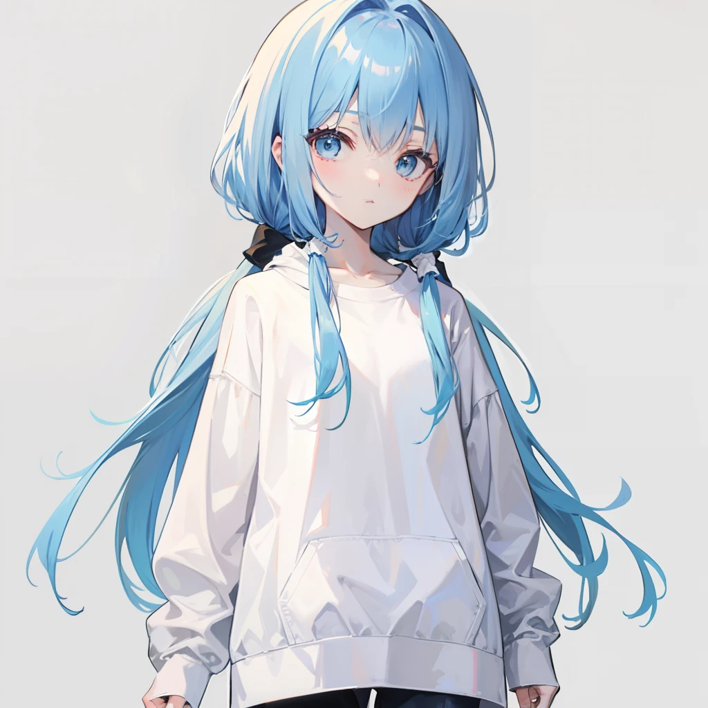 Long fleshy blue hair,Loose and simple white sweatshirt,It looks small and cute,It's a little girl