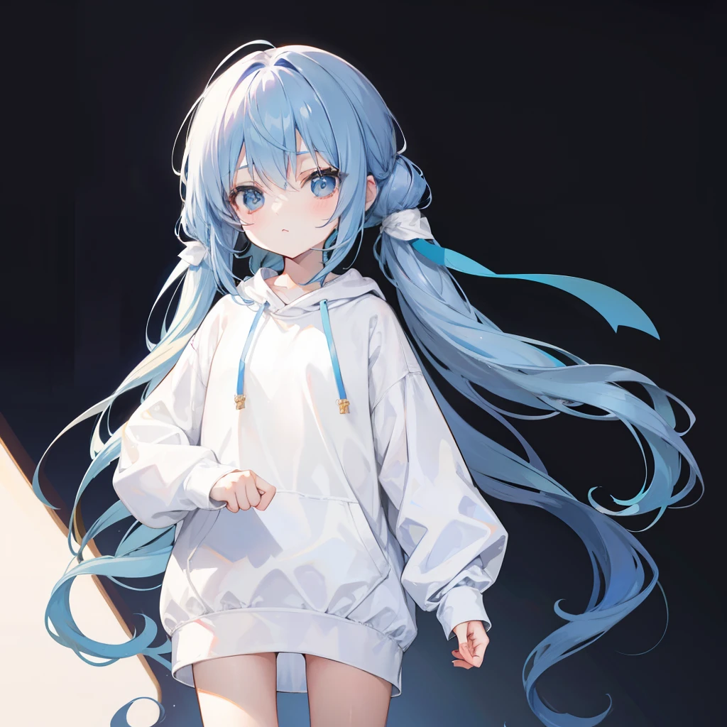 Long fleshy blue hair,Loose and simple white sweatshirt,It looks small and cute,It's a